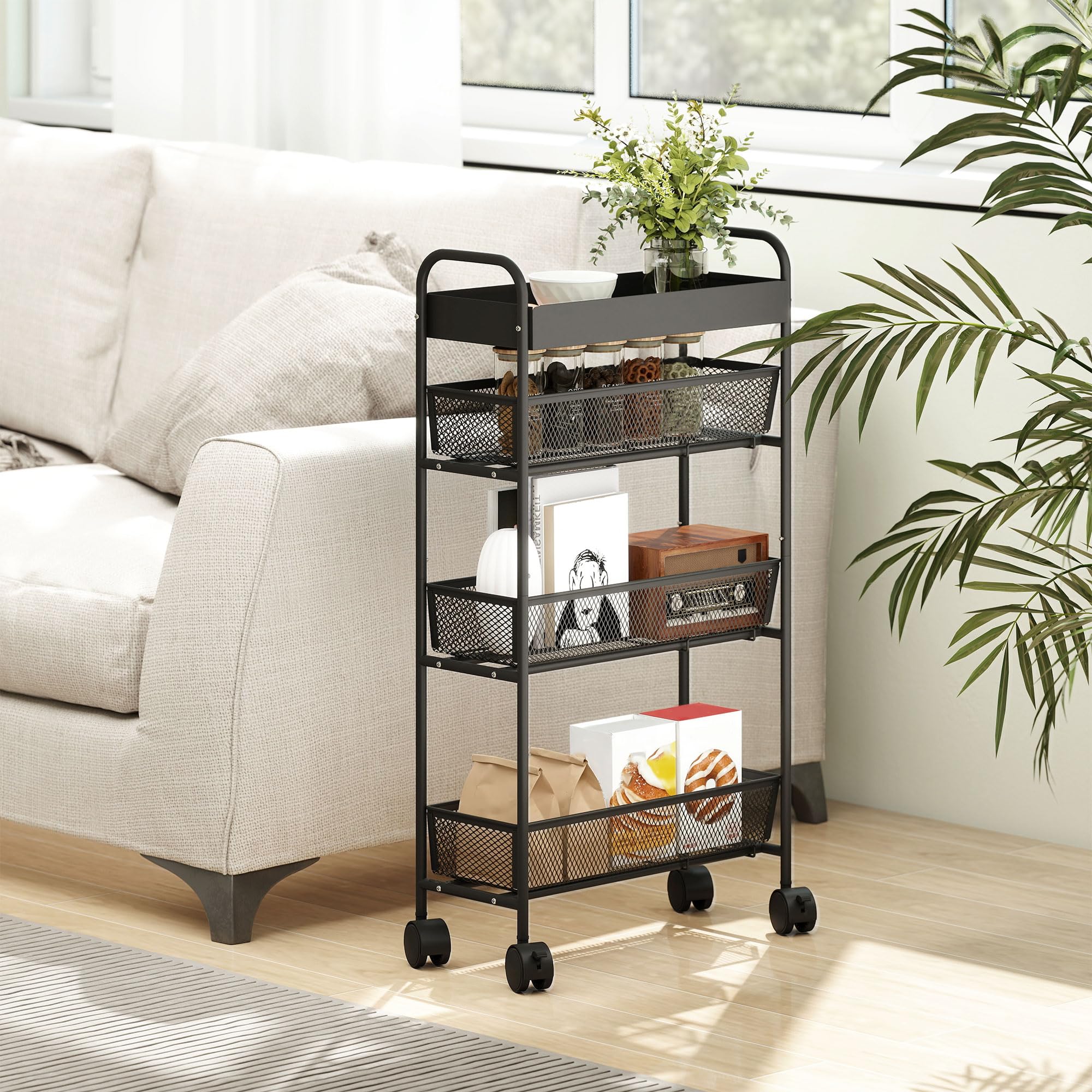 HOMCOM Chariot de rangement à 4 niveaux, 3 paniers coulissants, desserte à roulettes, panier supérieur et poignée, desserte cuisine multifonctionnel pour chambre, salon, bureau, 19 x 43,2 x 80 cm noir