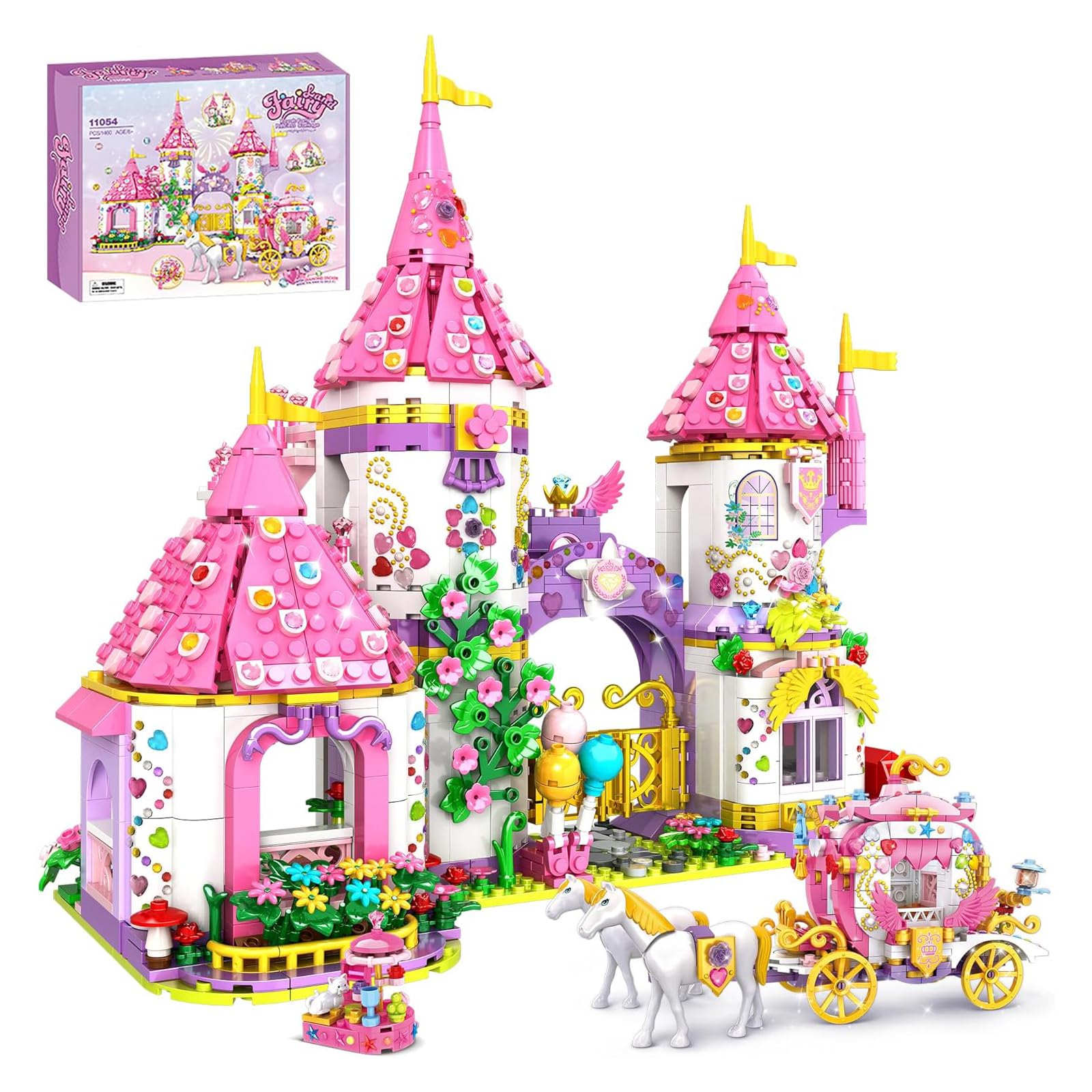Princess Castle Building Blocks Set, 1460 PCS Girls Castle Building Toy with Carriage, Pink Dream House Playset for Girls and Boys, Toy Gifts for Kids Ages 6+