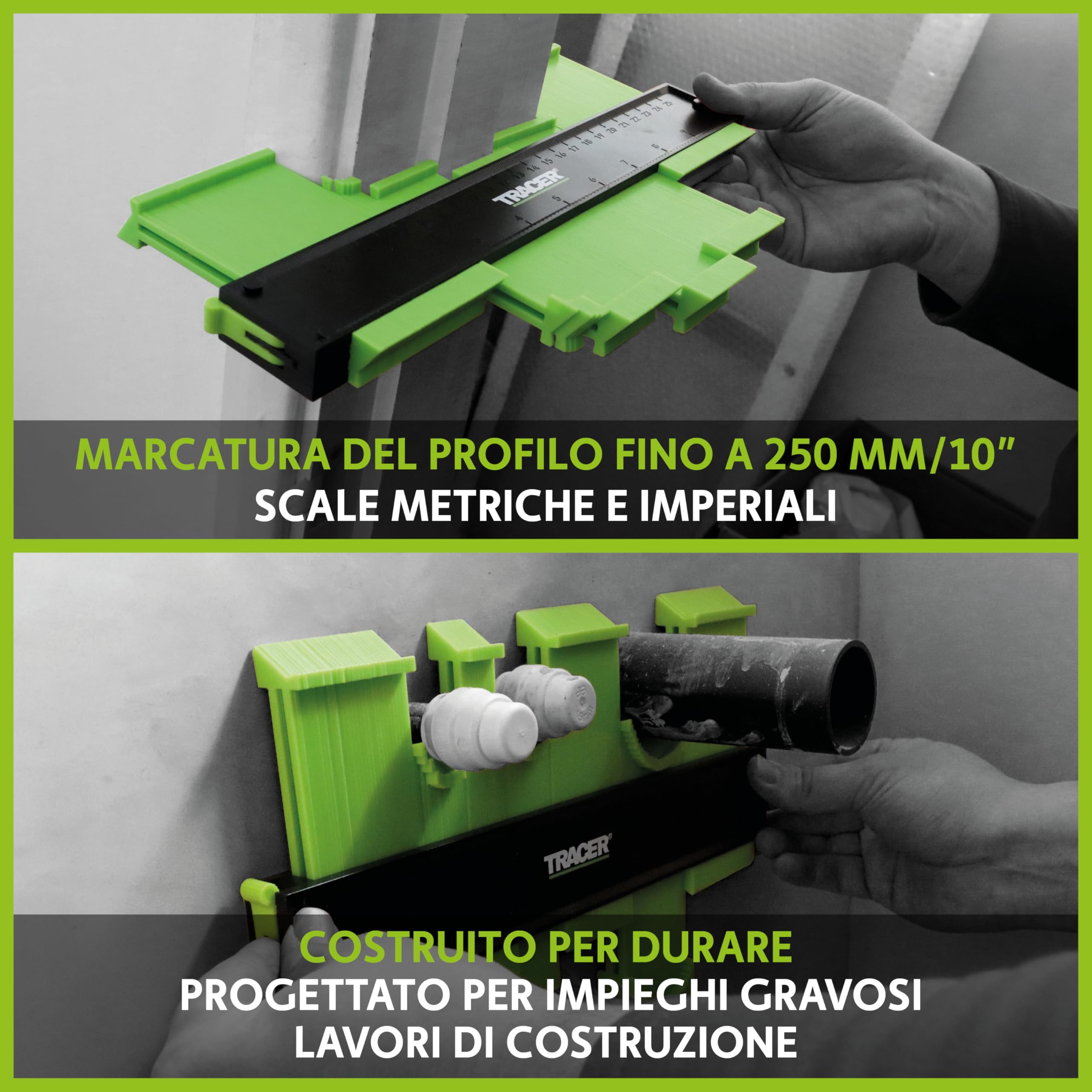 TRACER - Calibro per contorni, 250 mm, con matita per lavori di costruzione con fori profondi, set di matite per carpentieri