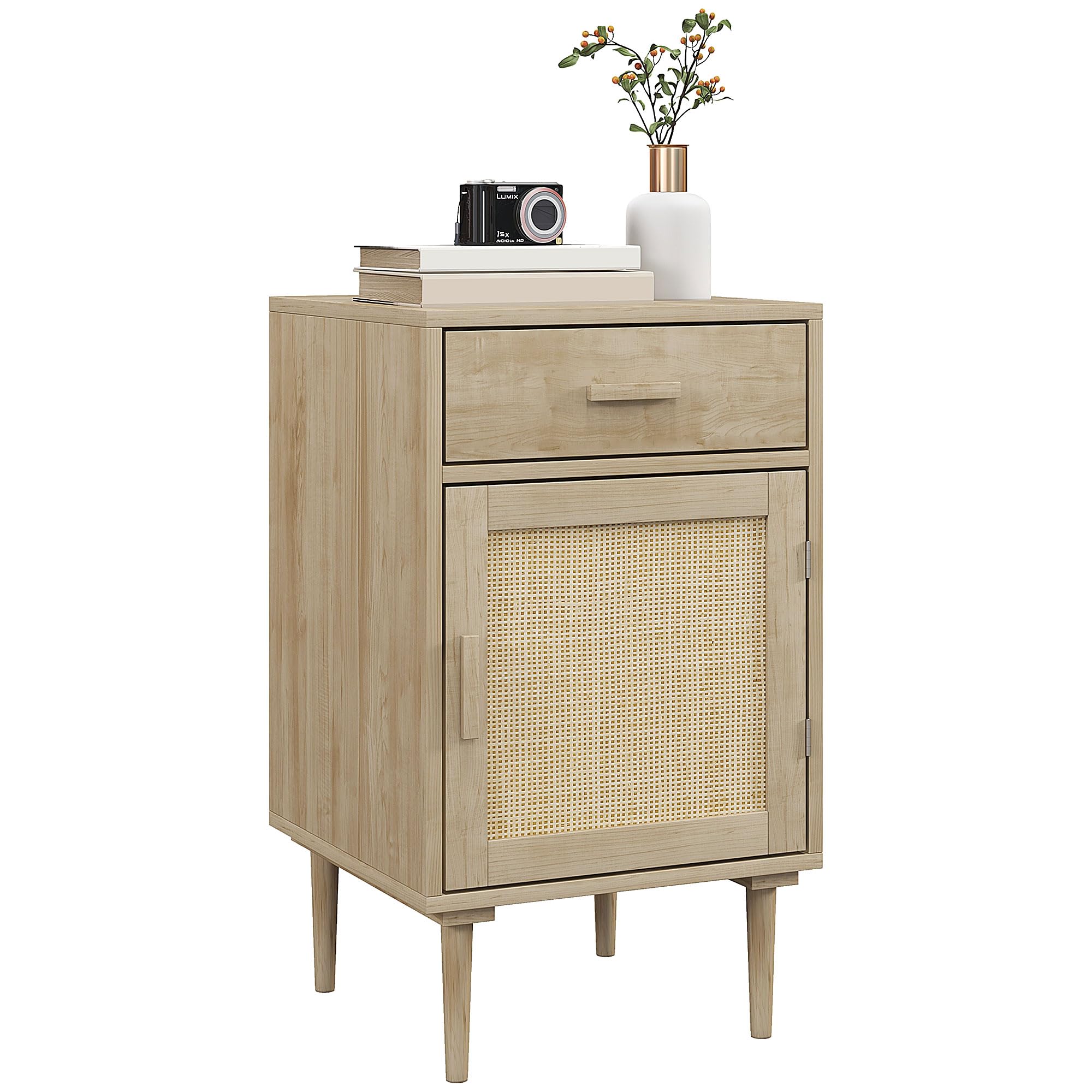 Rackhams Bedside Table With Rattan Drawer, Cabinet And Adjustable Shelf, Natural