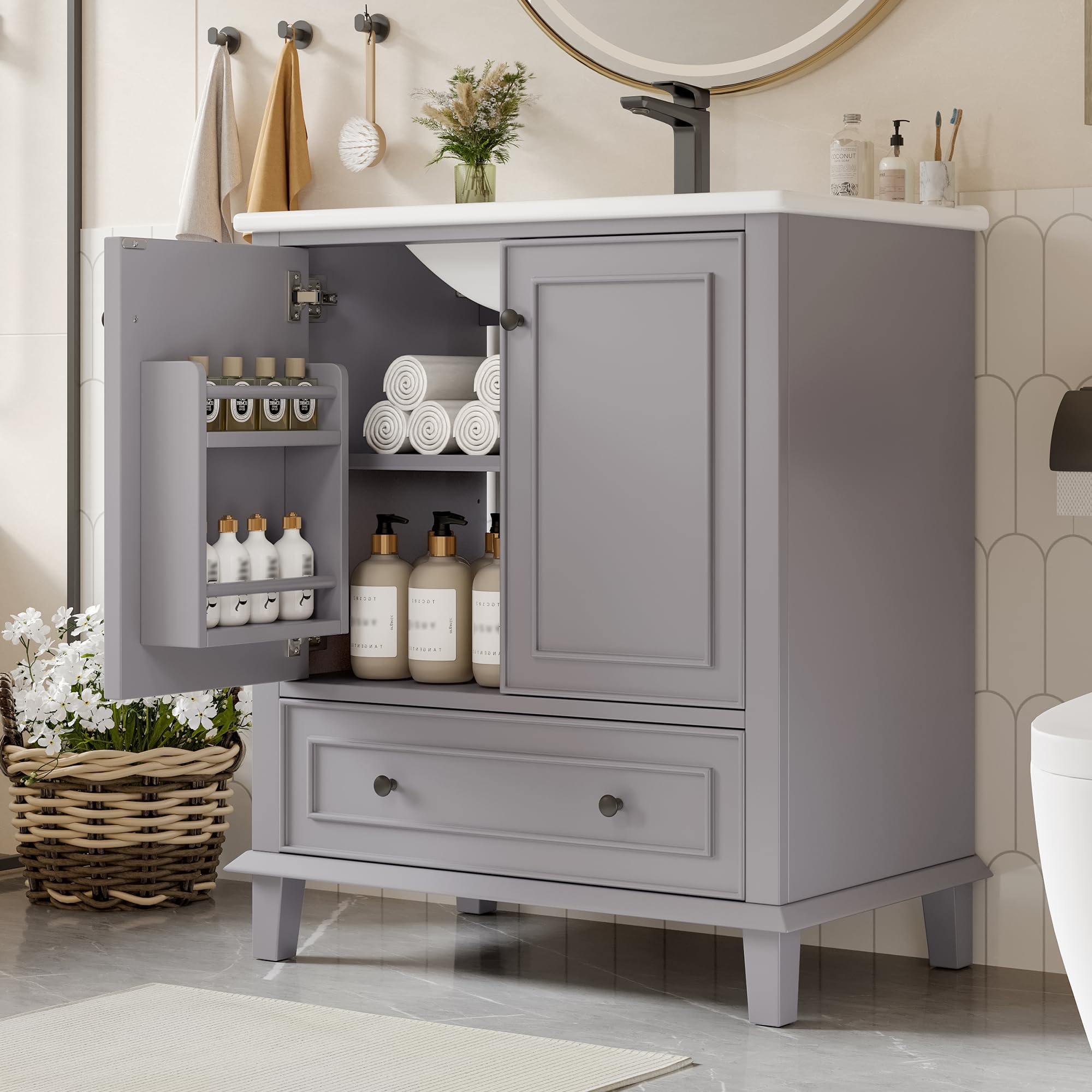 Dolamaní Set di mobili da bagno, 73 x 45 x 87 cm, lavabo con mobiletto, ampio spazio con 2 ante e un cassetto scorrevole silenzioso, per bagno, ospiti, WC e bagno (grigio)