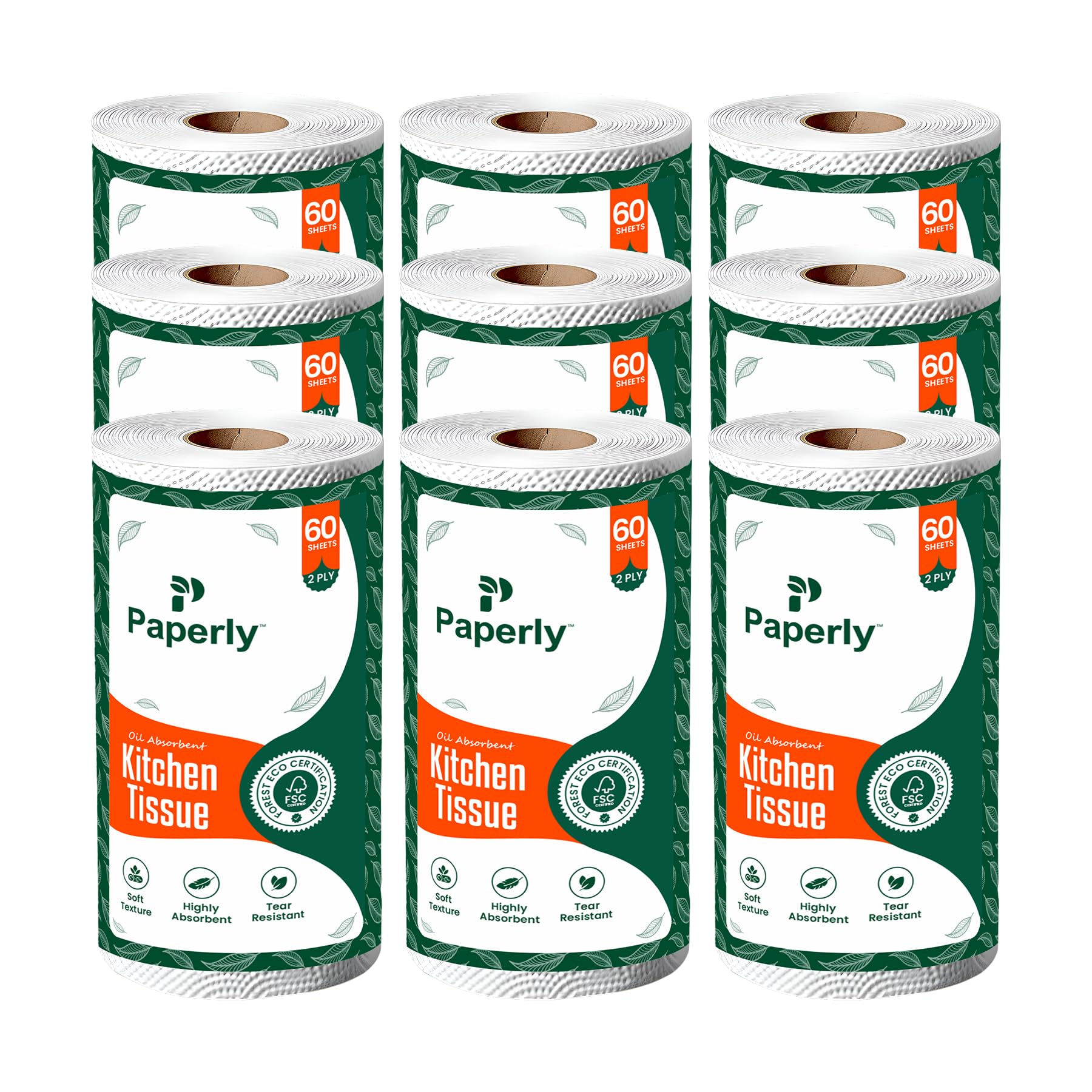 Kitchen Tissue Roll 2 Ply, 60 Sheets, Highly Absorbent Oil & Spill Cleaning Paper Towels, Soft Tear Resistant Disposable Kitchen Wipes (Pack 9)-image-28