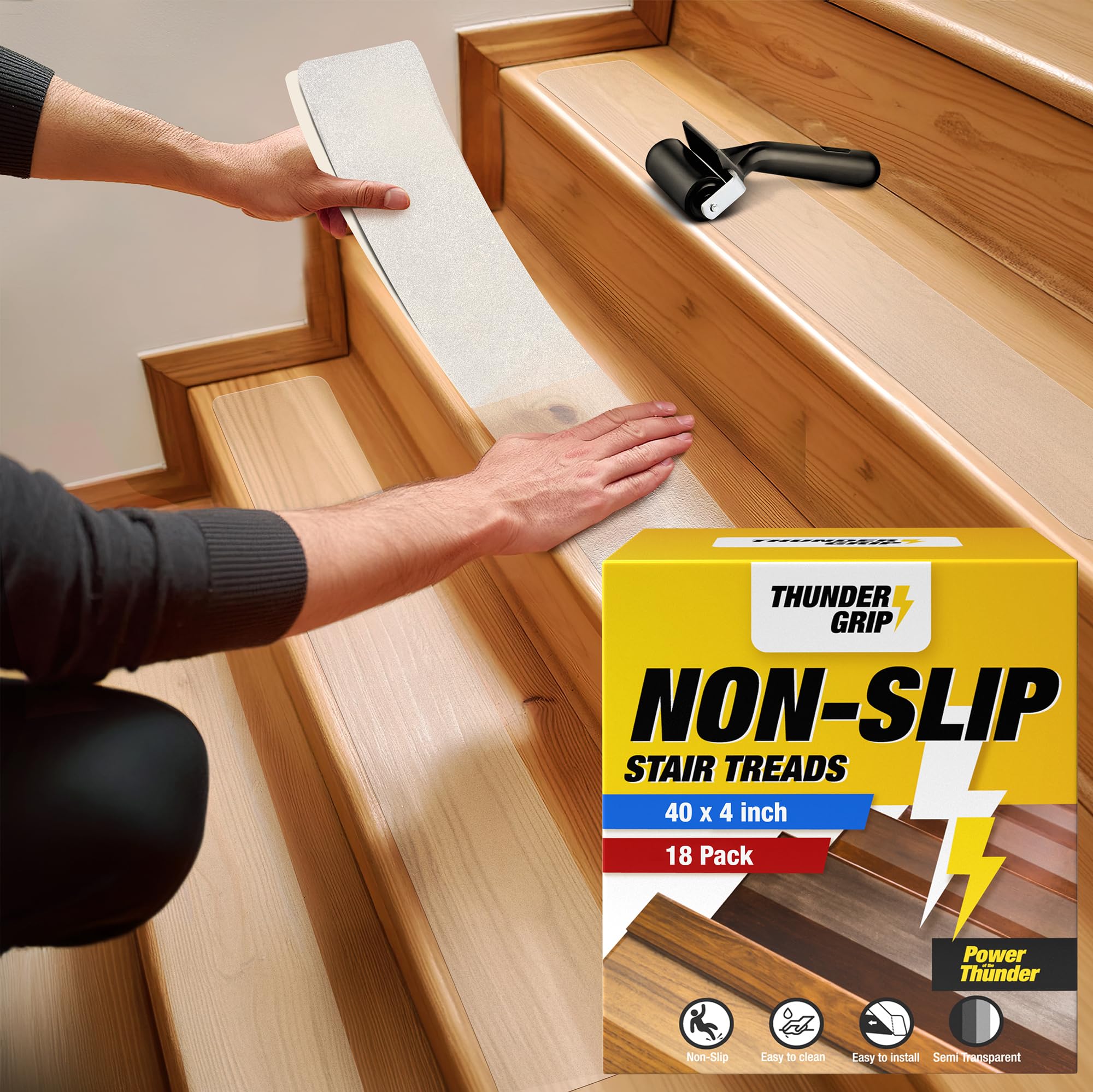 Photo 1 of Clear Stair Treads Non-Slip 40"x4" - 18-Pack Indoor Stair Grips Non Slip for Wooden Steps - Anti Slip Adhesive Strips for Dogs & Elderly - Staircase Step Treads - Transparent Treads for Wood Stairs