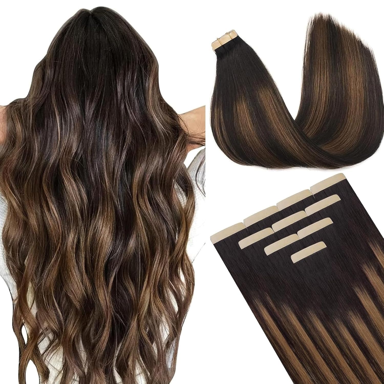 DOORES Human Hair Tape in Extensions, Balayage Dark Brown to Chestnut Brown, 14 inches 10pcs 25g, HIGHLIGHT or SUPPLEMENT