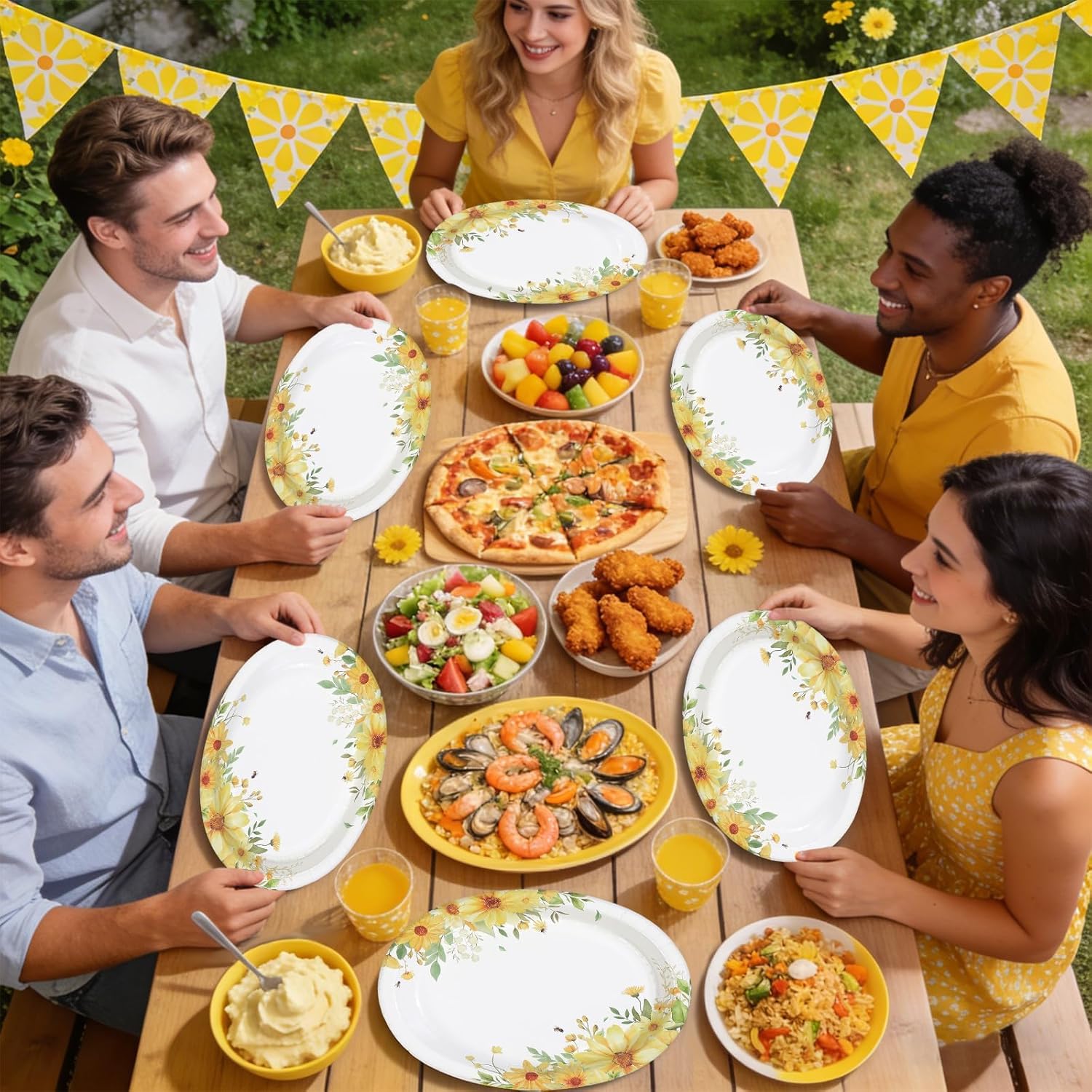 50Pcs Yellow Daisy Oval Paper Plates 10" x 12" Large Disposable Heavy Duty Watercolor Spring Flower Leaves Paper Platters Sunflower Themed Design for Seasonal Spring Wedding Birthday Party Supplies
