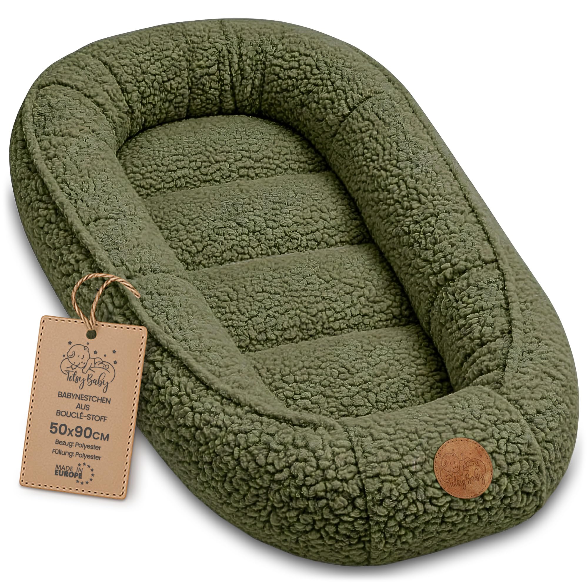 Babynest Nestchen Baby aus boucle - Babynestchen Neugeborene Nest für Kinder Bett und Babybett tragbar Kuschelnest Coccon für Jungen und Mädchen Olivgrün