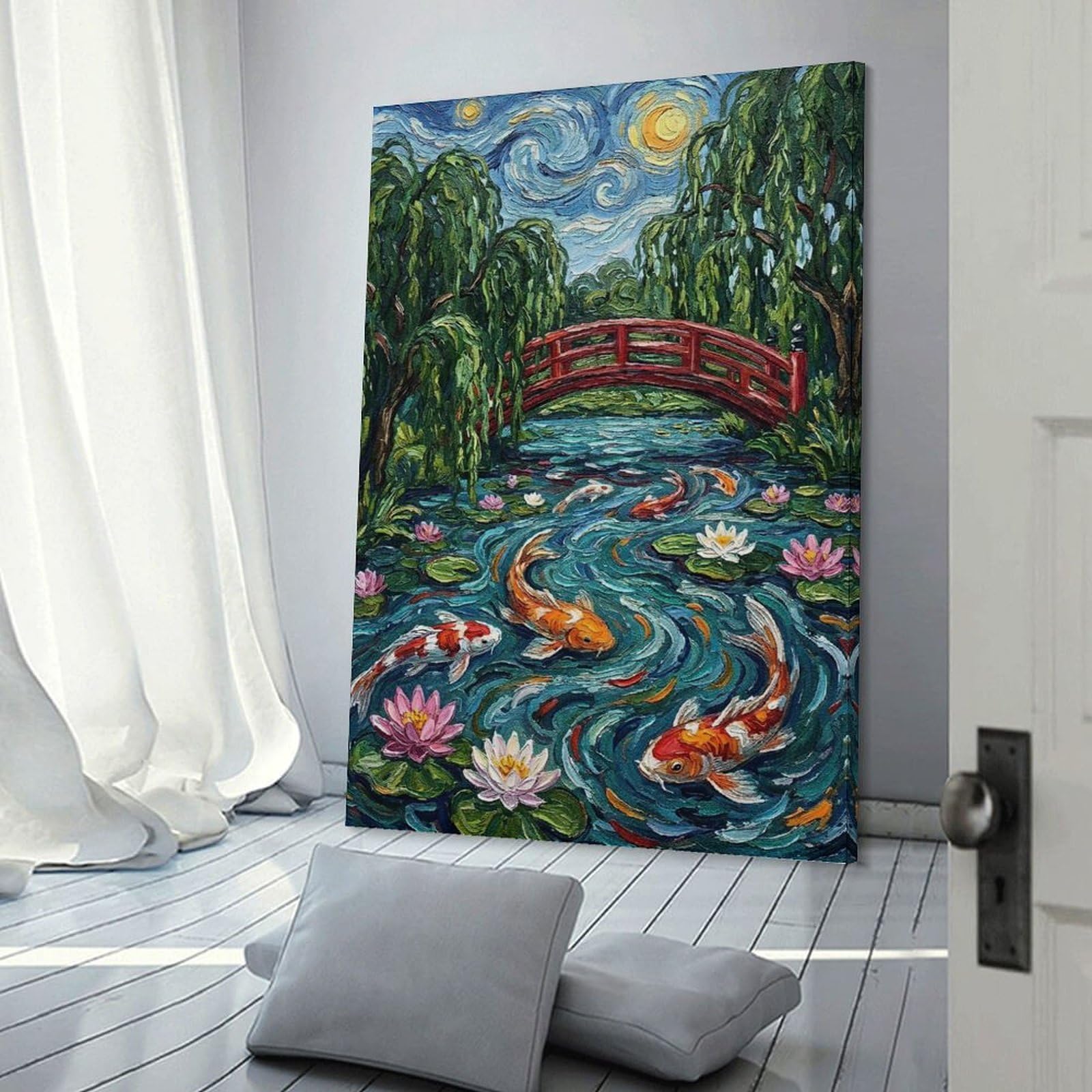 Junmoney Frame-Style-20 Koi Pond With Japanese Bridge Room Decor Wall Art, 20X30inch(50X75cm), For Hallway, Lounge Or Guest Room, Gift Idea For Housewarming And Birthdays