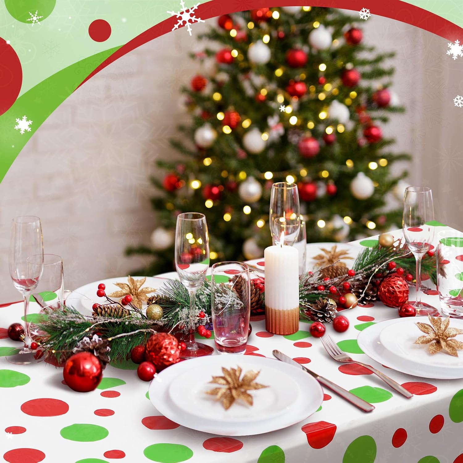 Ganeen 12 Pcs Red and Green Christmas Disposable Tablecloth Plastic Christmas Rectangle Polka Dot Tablecloth Xmas Party Decoration 54 x 108 in Xmas Disposable Table Cover for Holiday Birthday Party