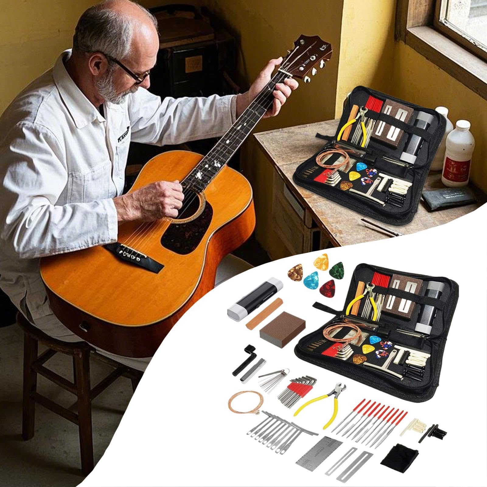 Kit de configuración de guitarra, kit de herramientas de guitarra - Kit de mantenimiento 72x con de transporte - Accesorios de instrumentos de cuerda Conjuntos con alfileres de puente Strings, suminis