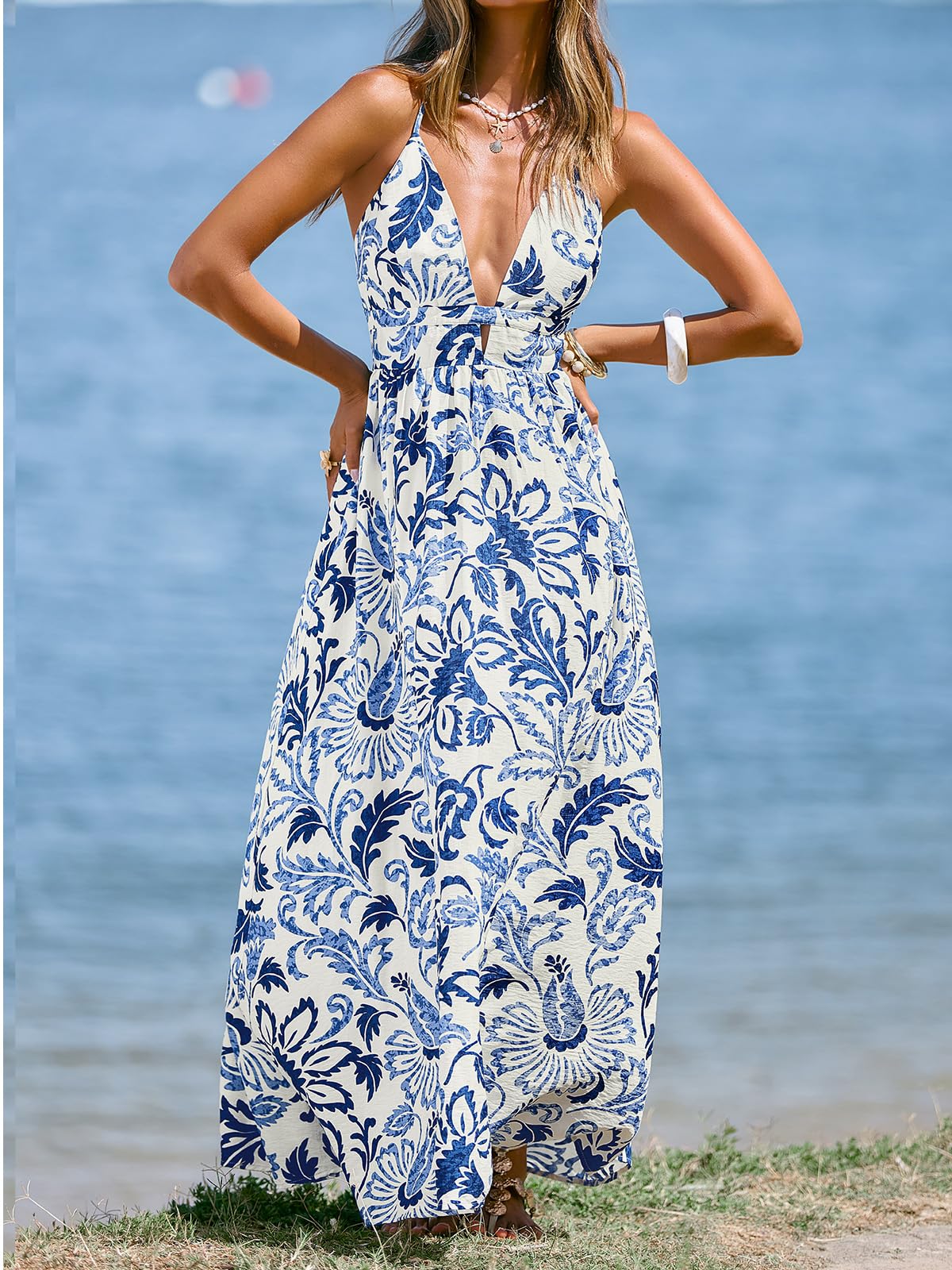 CUPSHE Damen Sommerkleid Blumen V-Ausschnitt Maxikleid Spaghettiträger Rückenfrei Boho Kleid A-Linie Strand Urlaub Trägerkleid