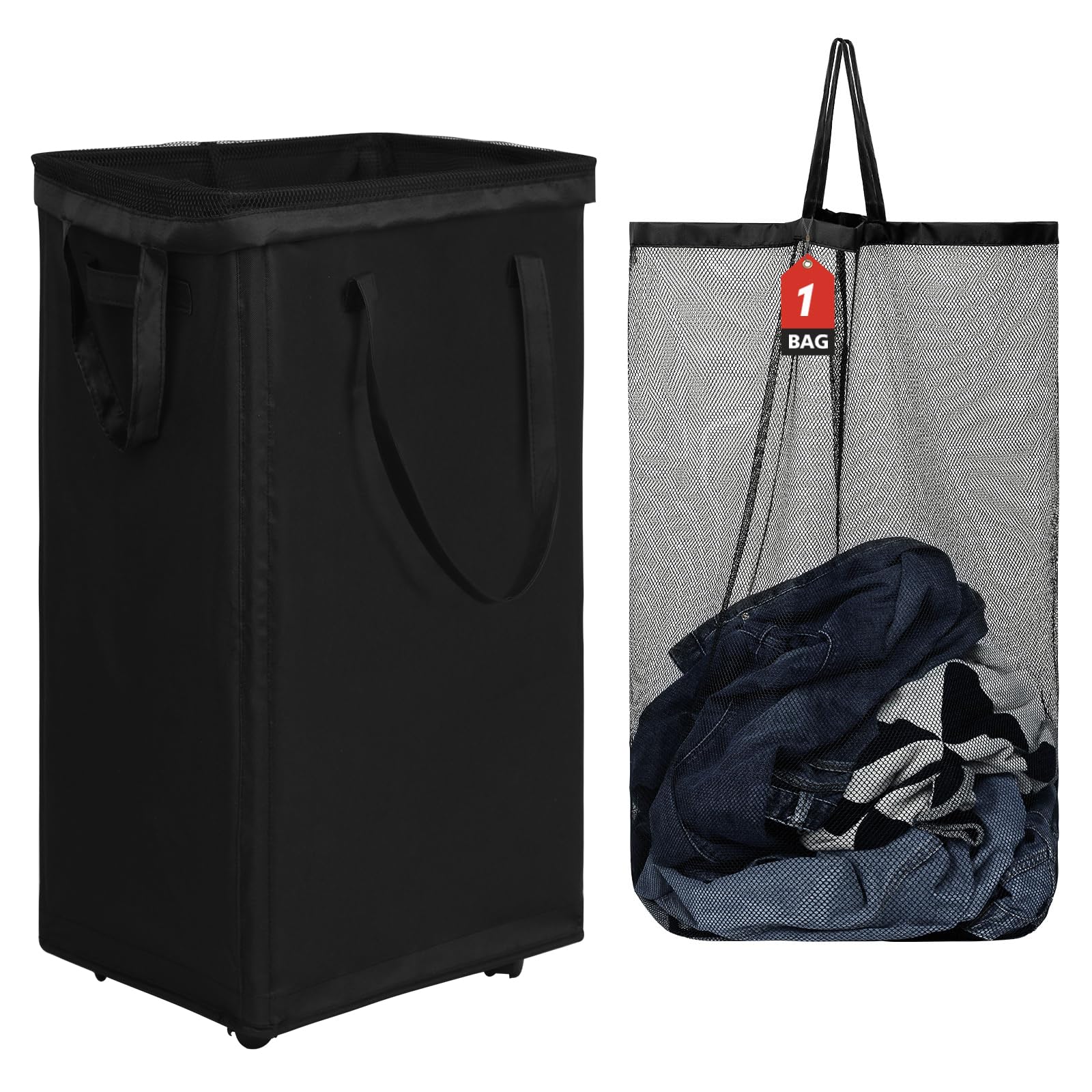 DOKEHOM 90L X-Large Rolling Laundry Basket Hamper on Wheels, Black