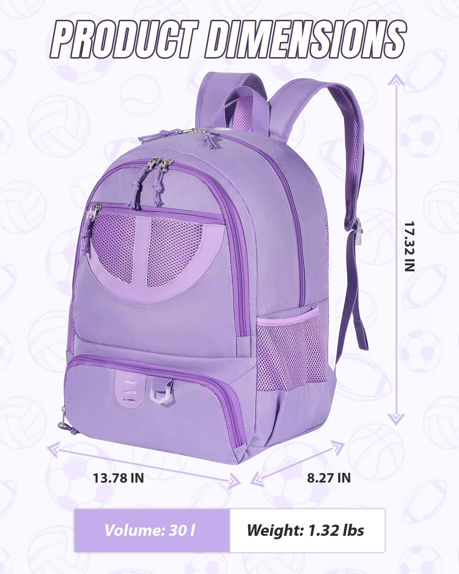 TRAILKICKER Mochila de baloncesto de 30 L, bolsa de fútbol morada con soporte para pelota, compartimento para zapatos, resistente al agua, transpirable, mochila multideportiva para voleibol, fútbol