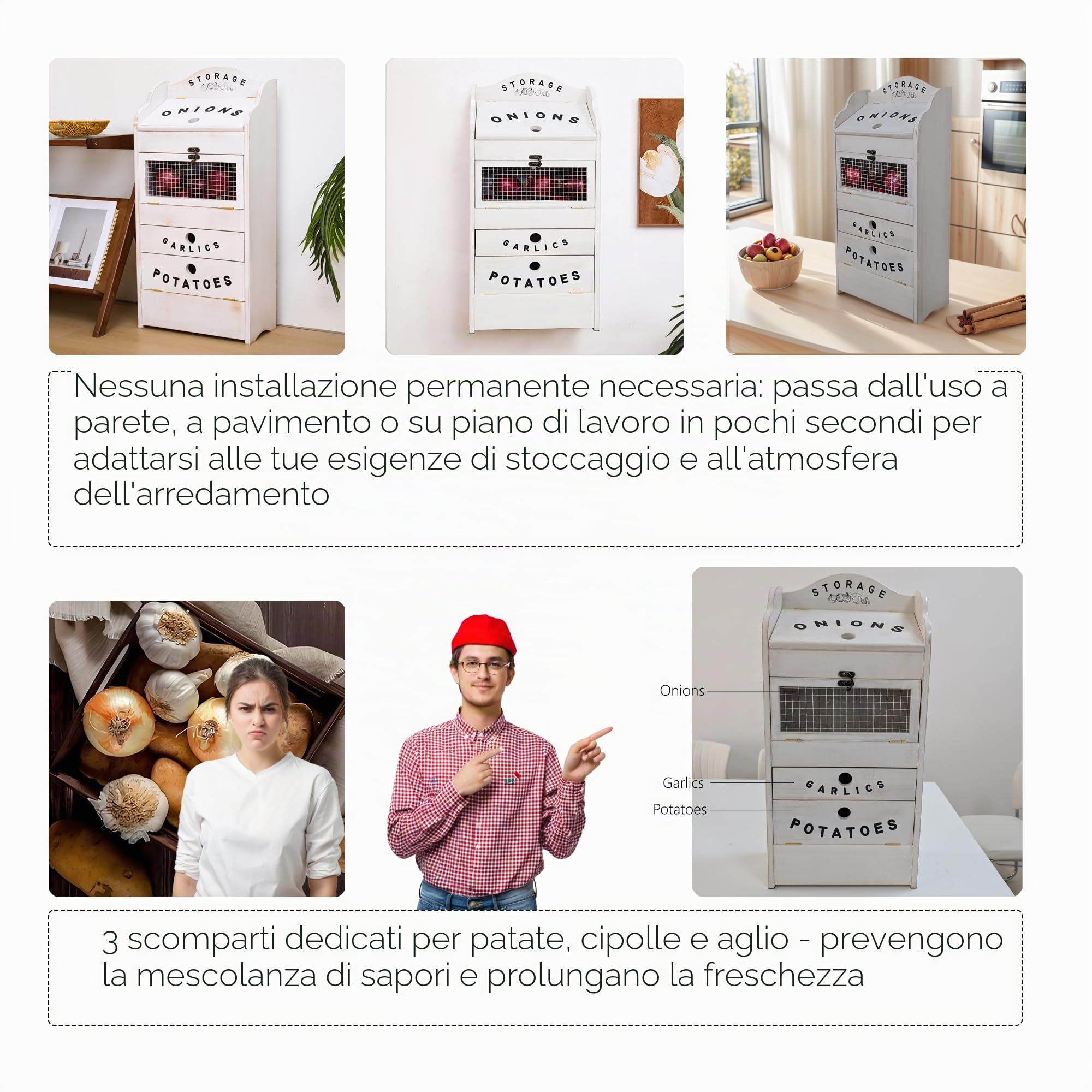 ARTAWEIN Contenitore per verdure in legno di pino per patate, cipolle e 1 cassetto per aglio e verdure, per la conservazione della cucina, contenitore per verdure in legno massiccio, 35 cm di