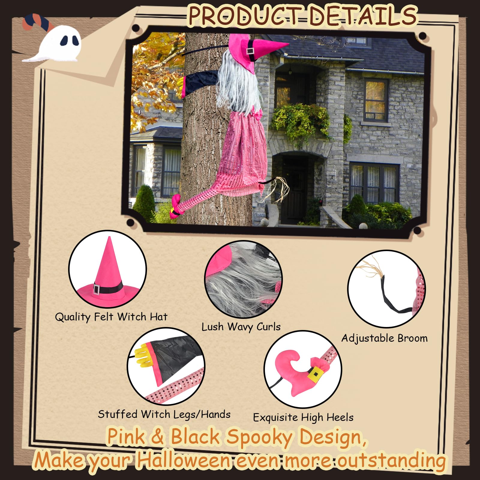 Mewcooss 67" Large Crashing Witch Halloween Decor - Pink Witch Halloween Decor Crashing into Tree Props Halloweens Flying Witches Decoration with Broom for Outdoor Backyard Garden & Lawn: Pink and Black