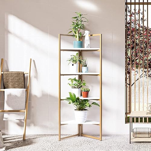 Miniatura 5 de Pabby Yard Estante esquinero de 4 niveles de pie de esquina blanca estantería pequeña de madera con marco de metal soporte de almacenamiento