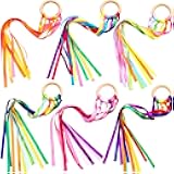 Sumind 6 Pcs Rainbow Ribbon Hand Kites Wands for Kids Dancer Streamer String Toy Thrown Waldorf Wand with Wooden Ring Wand Learning Educational(Bright Colors)