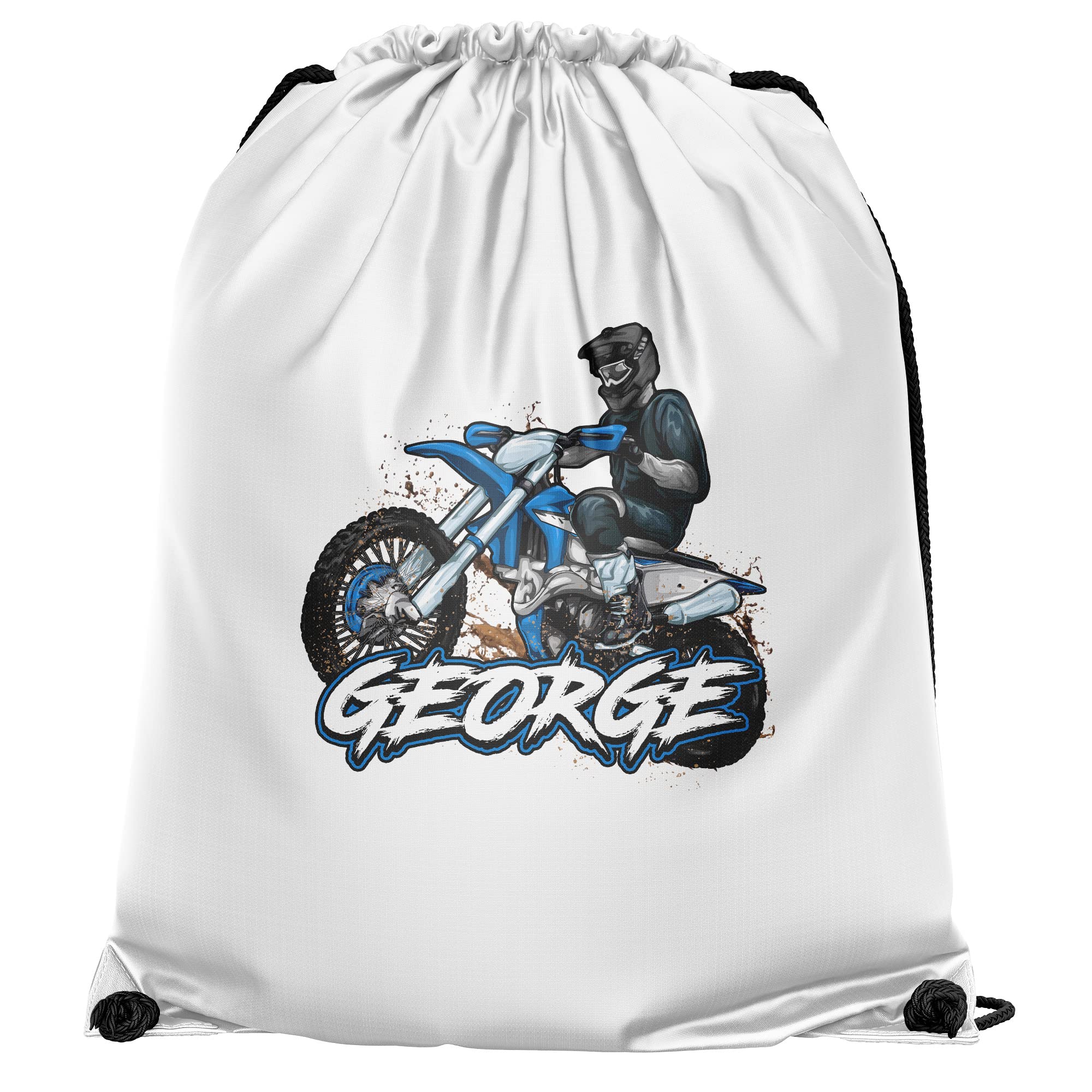 Personalised Dirt Bike Drawstring Bag, Custom Back to School and Nursery Gifts for Boys, Ideal Bag for Boys Who Love Motorbikes, Essential Kids PE Kit Swimming Bag, One Size, White