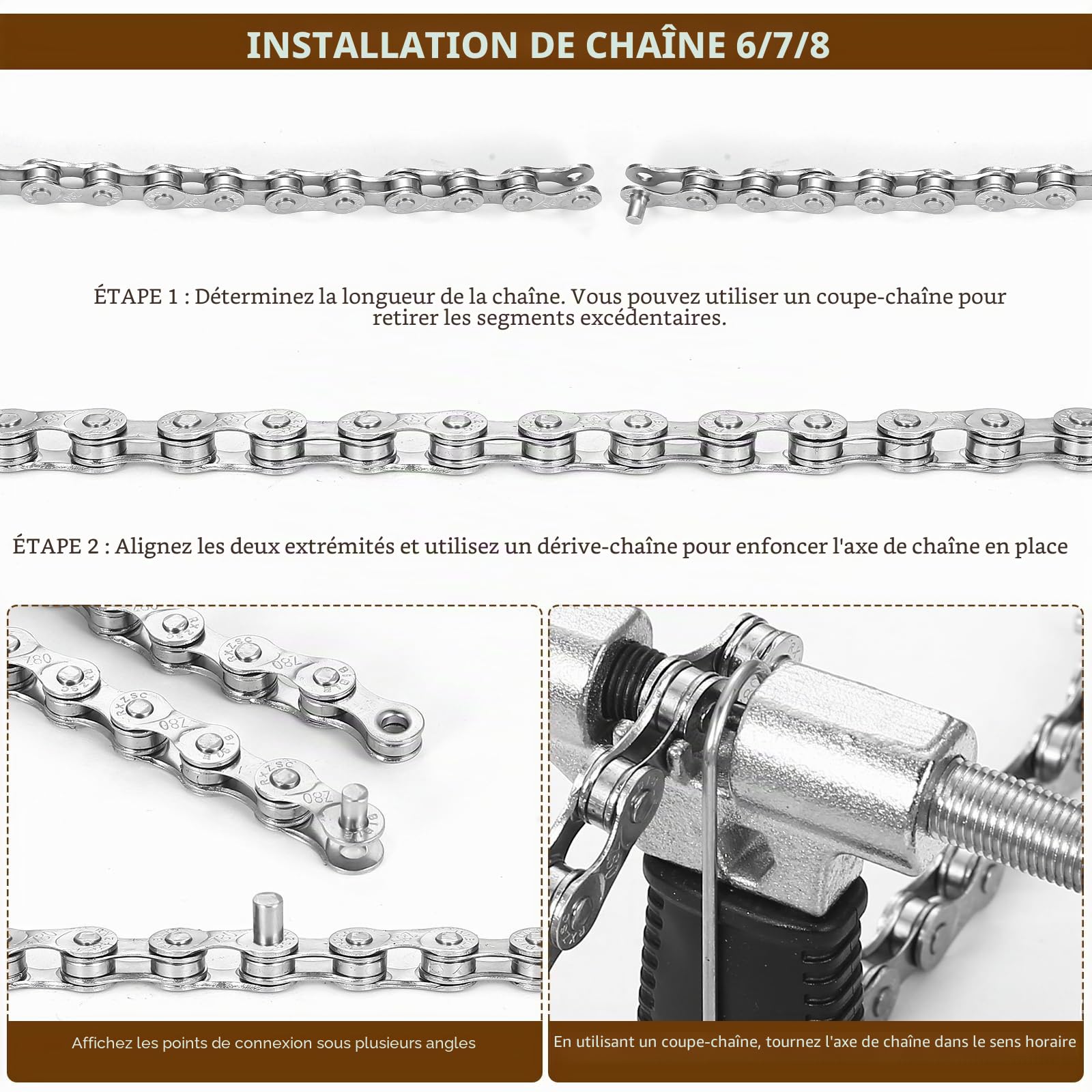 Chaîne de vélo, chaînes 6/7/8 vitesses, chaîne 1/2 x 3/32 pouce pour VTT et vélo de route, avec pince/briseur de chaîne pour vélo, 4 paires de verrous pour chaînes VTT