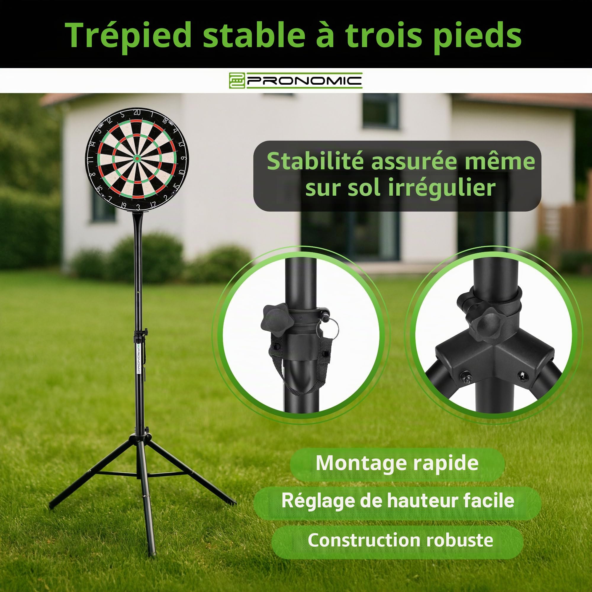 Pronomic DA-45S Support pour cible de fléchettes (support de cible, support de fléchettes en acier revêtu par pulvérisation, hauteur réglable en continu, sac)