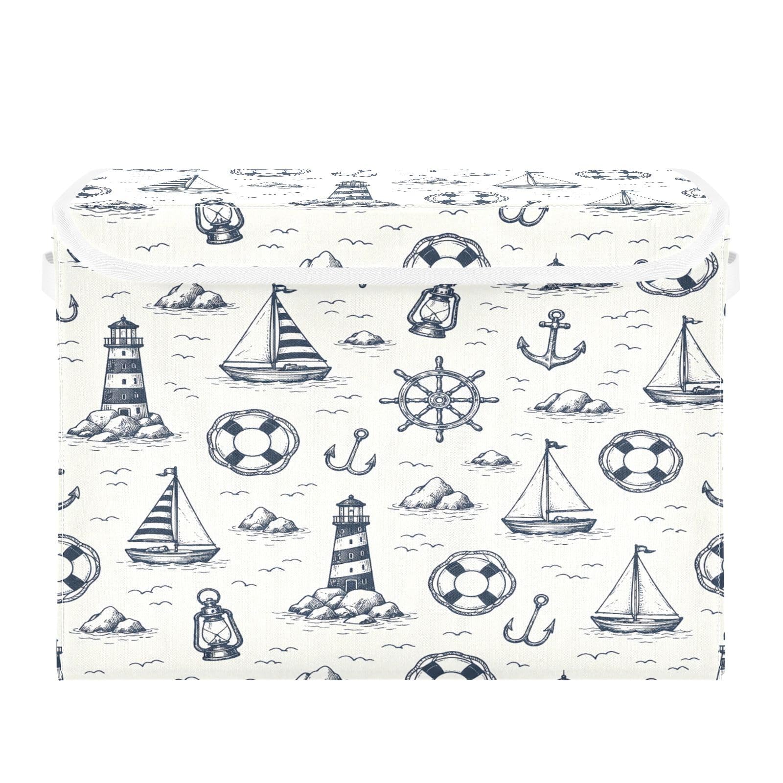 Ewusp Lighthouse Boat Fabric Storage Bin with Lid, Decorative Foldable Storage Basket with Handles, Stackable Closet Shelf Organiser Box for Clothes, Books, Bedroom, Living Room