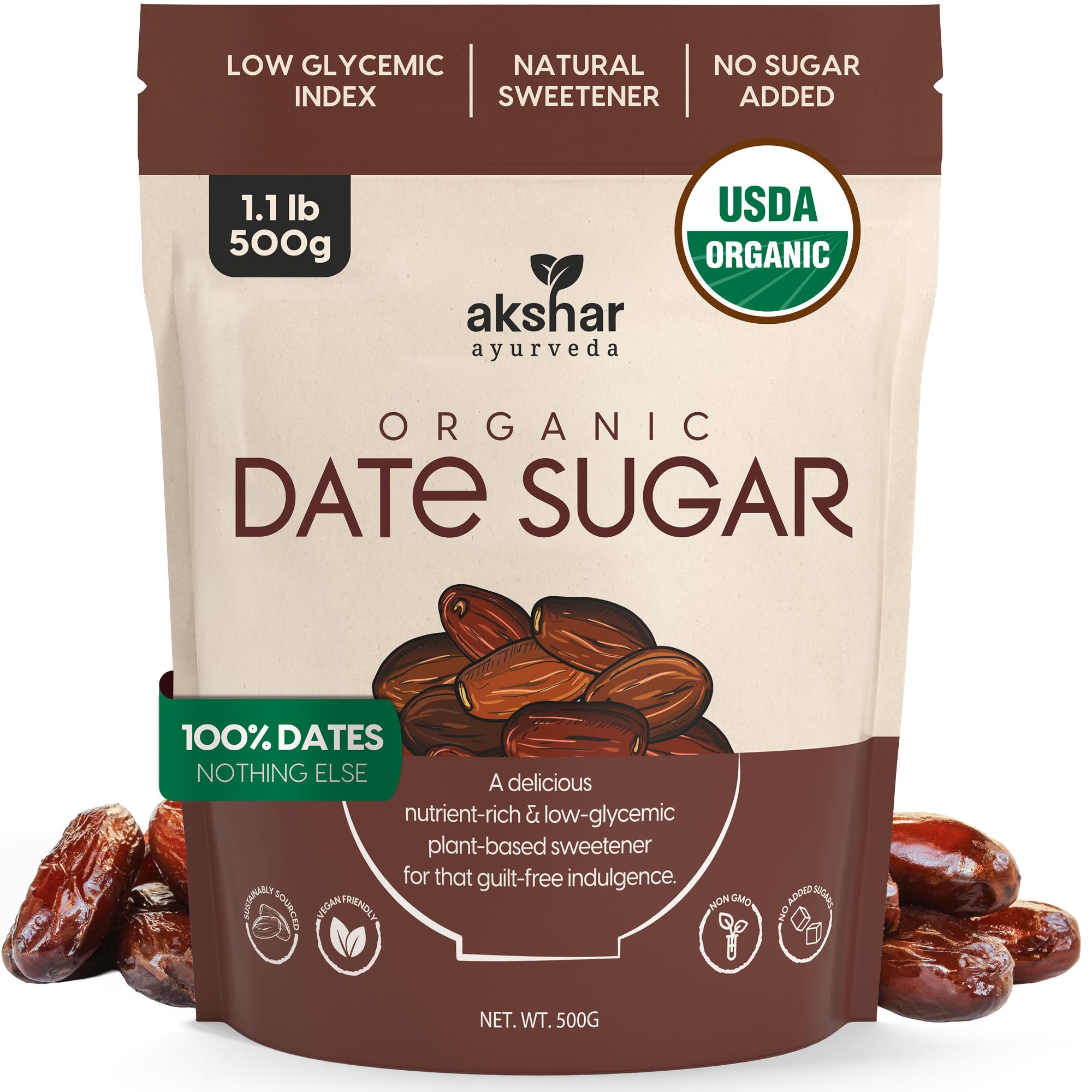 AKSHAR Ayurveda - Organic Date Sugar, Raw – Organic Sugar Alternative for Baking and Desserts – High Fiber Low Glycemic Sweetener – Natural Vegan