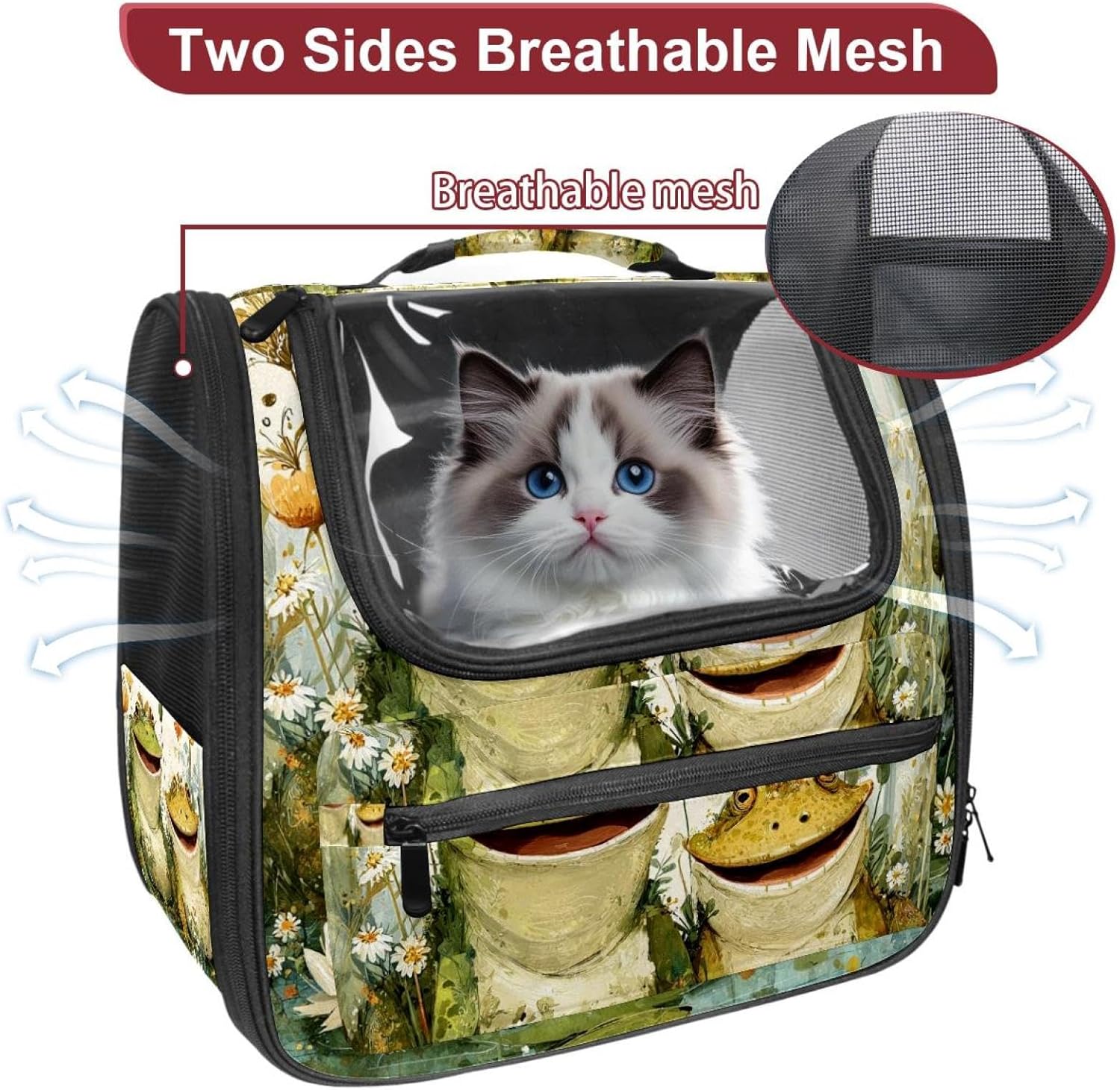 Portable Travel pet Backpack Carrier Hamster Bag Small Dog cat Carrier Breathable Hang Bag, Happy Frogs (2)