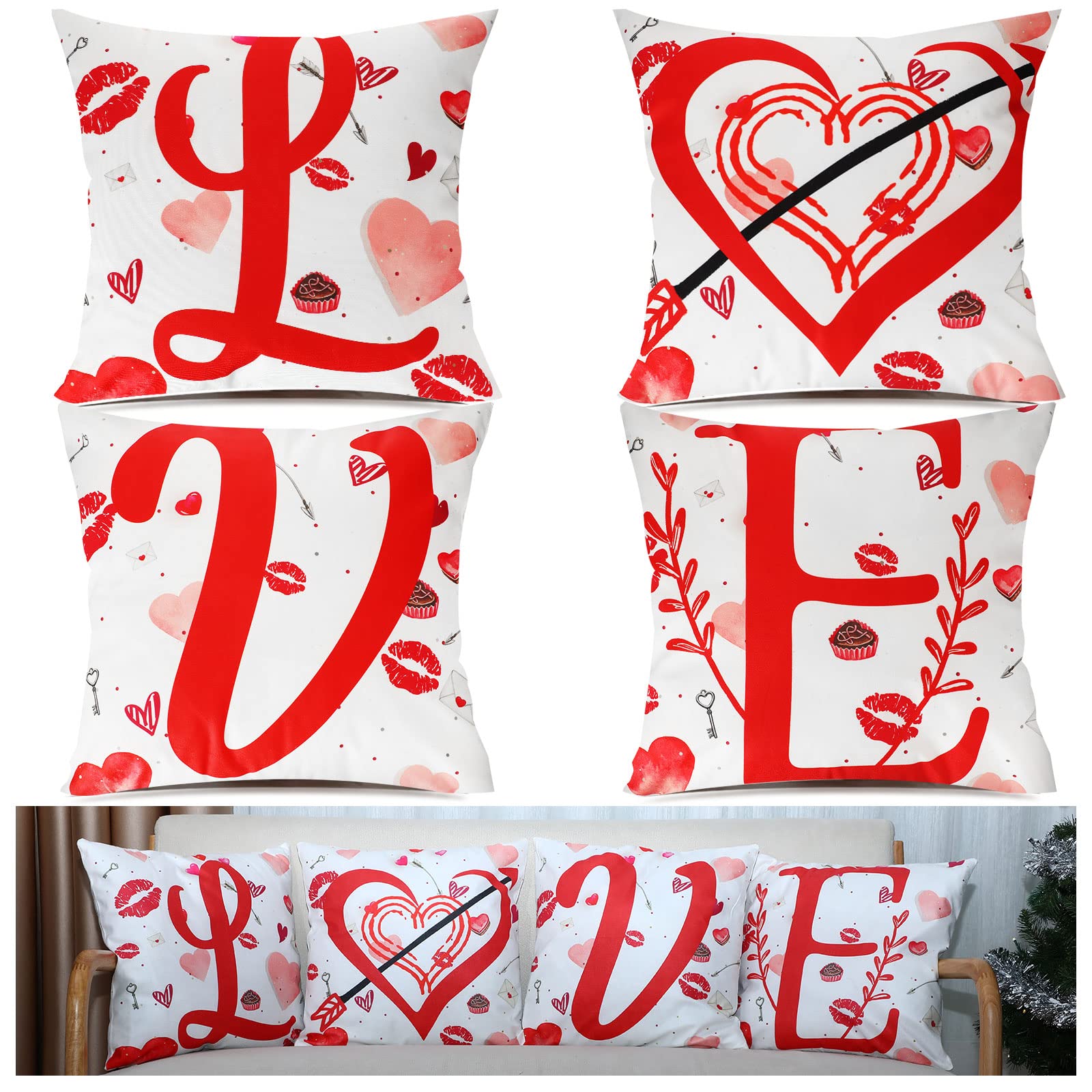 4 Pcs Valentine's Day Pillow Covers 18 x 18 Inch Love Heart Red Lips Pillow Cushion Case Decorative Romantic Style Pillow Cases for Valentines Decor Gift Couch Sofa Home Wedding Anniversary Birthday