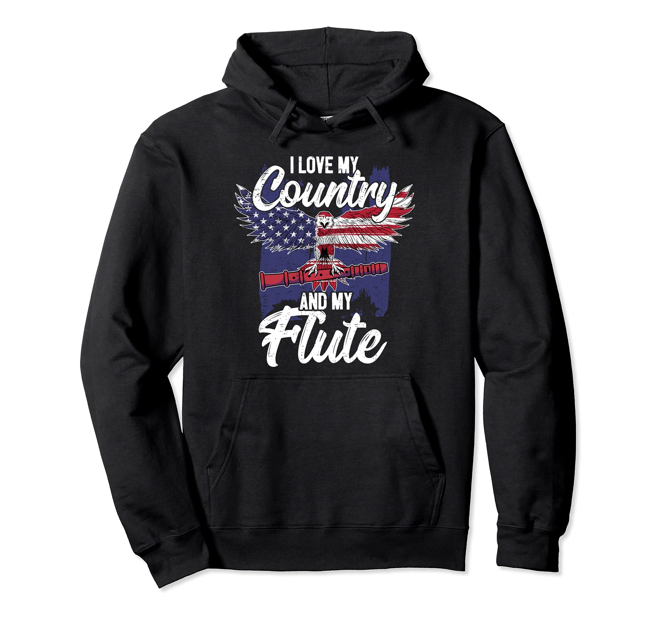 Patriotic Flute Player Saying Flutist I American Eagle USA Pullover Hoodie, Black