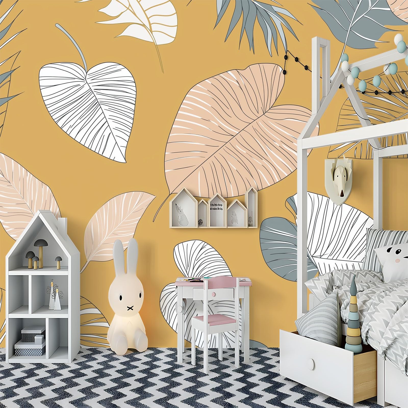 Fototapeta z motywem tropikalnych liści, kwiatów, minimalistyczna tapeta 250 x 175 cm, efekt 3D, obraz ścienny, tapeta ścienna, nowoczesna tapeta ścienna, do salonu, pokoju dziecięcego, sypialni, tło