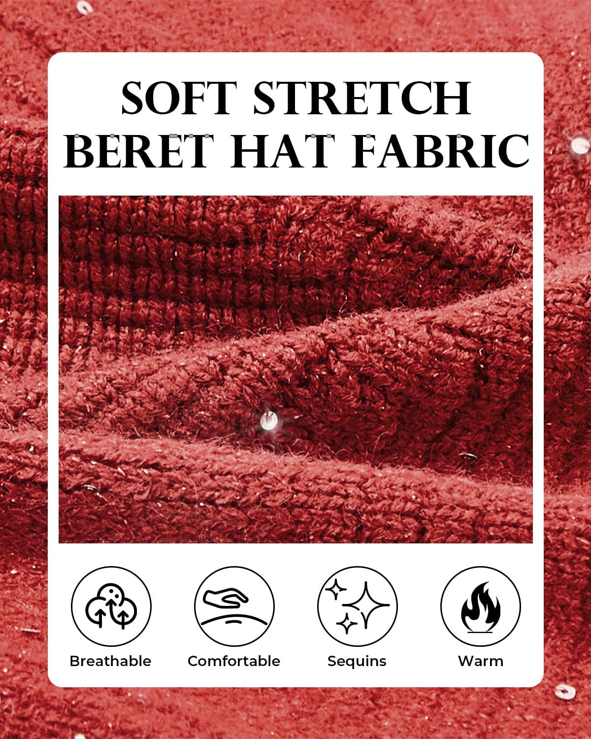 Century Star Sequin Beret Hats for Women Classic Knitted Lady French Stylish Beret for Girls Solid Color Beanie - Image 3