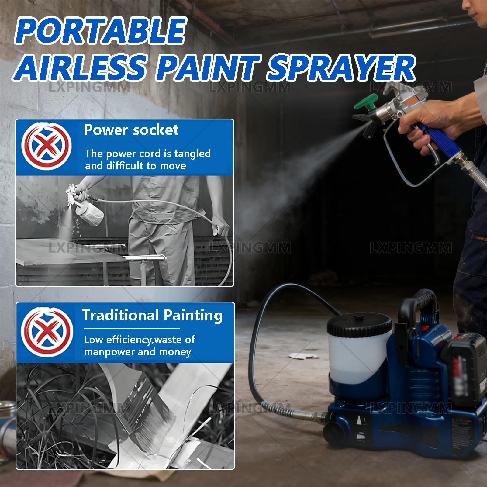 Pulverizador de Pintura sin Aire de Alta presión, 500 W, presión máxima de 15 MPa, Compatible con látex y Pintura a Base de Agua, para Casas y terrazas. 1battery