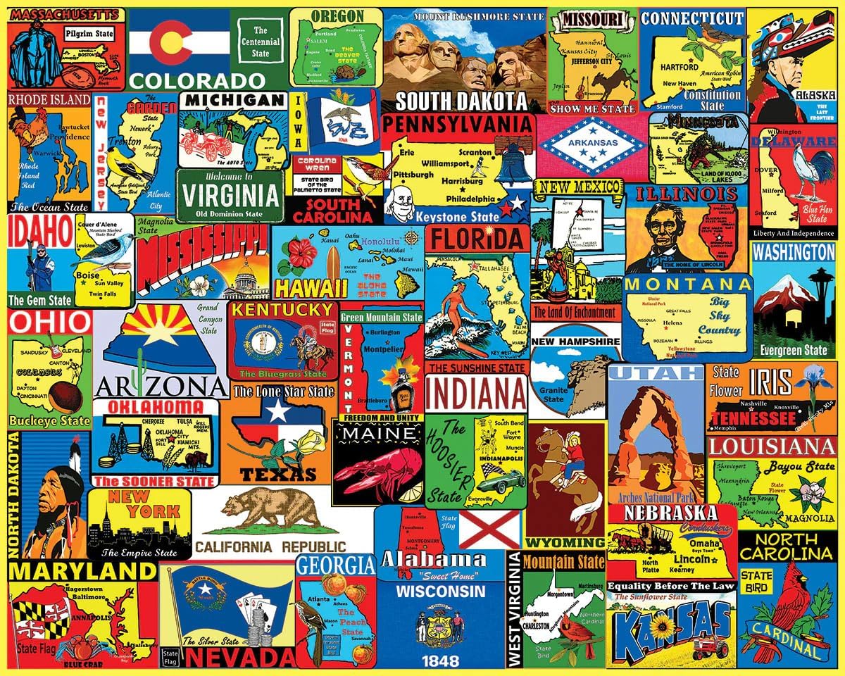 White Mountain 1000 Piece Jigsaw Puzzle Vintage States Collage Puzzles with Large Pieces for Adults and Family 24"x30" - State Travel Stickers