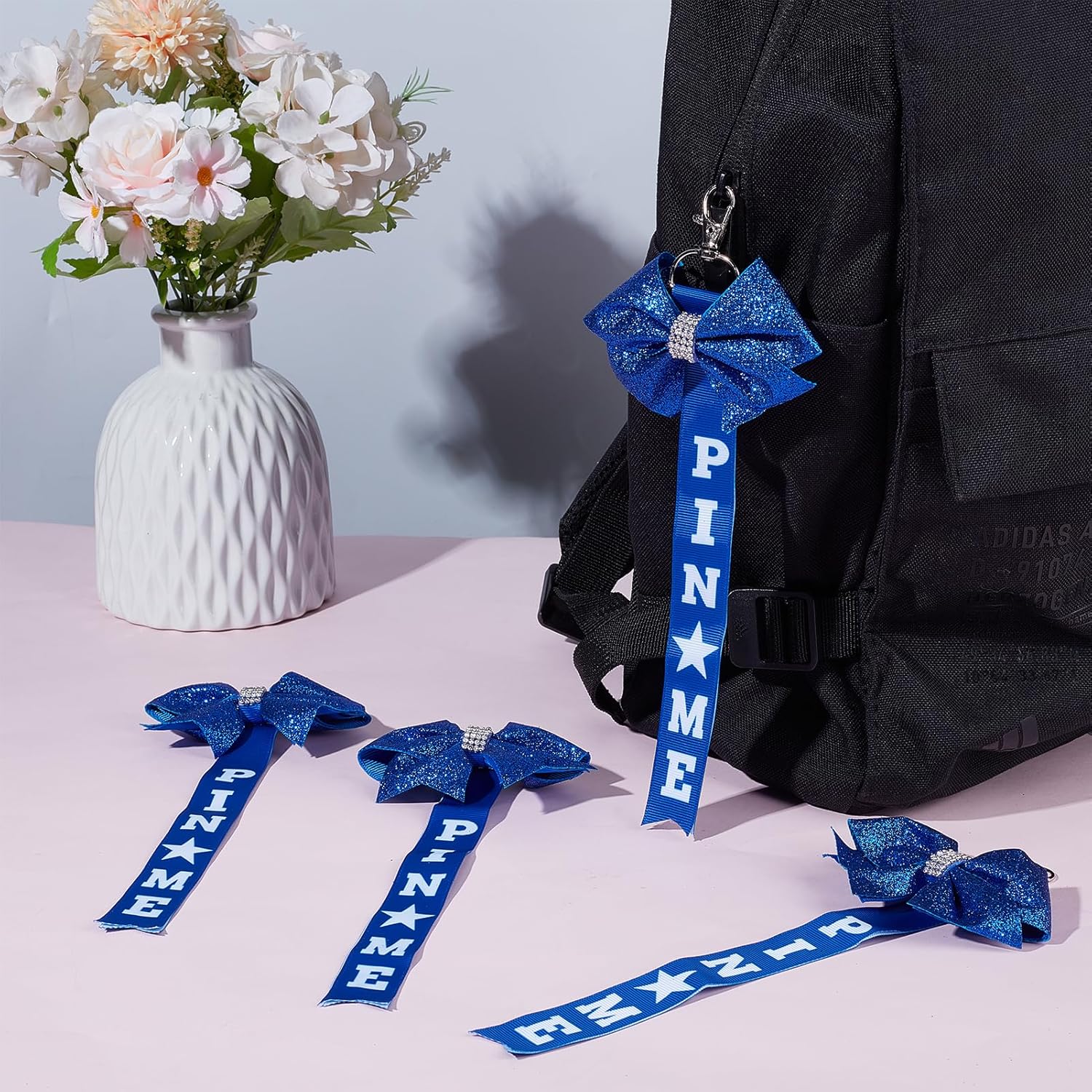 NICENEEDED 6 PCS Cheer Pin Me Ribbon for Backpack, Cheer Pin Strap Bow Keychain with Rhinestones, Blue Cheerleader Bag Tag Holder, Cheerleading Sports Accessory - Image 4
