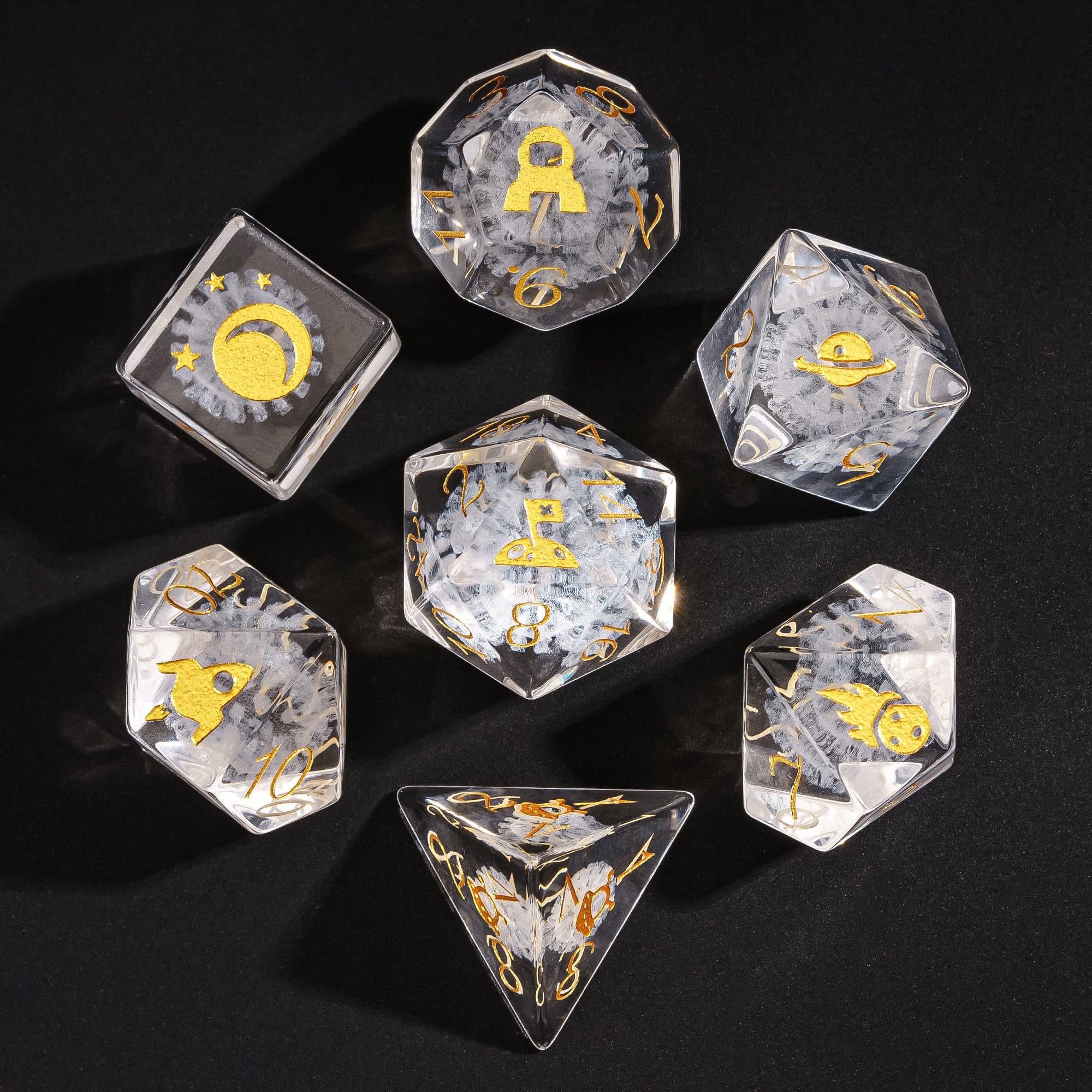 UDIXI 7PCS Transparent Glass Dice Set, 3D Virus Design Glass D&D Dice Set with Leather Case for RPG and Other Tabletop Game