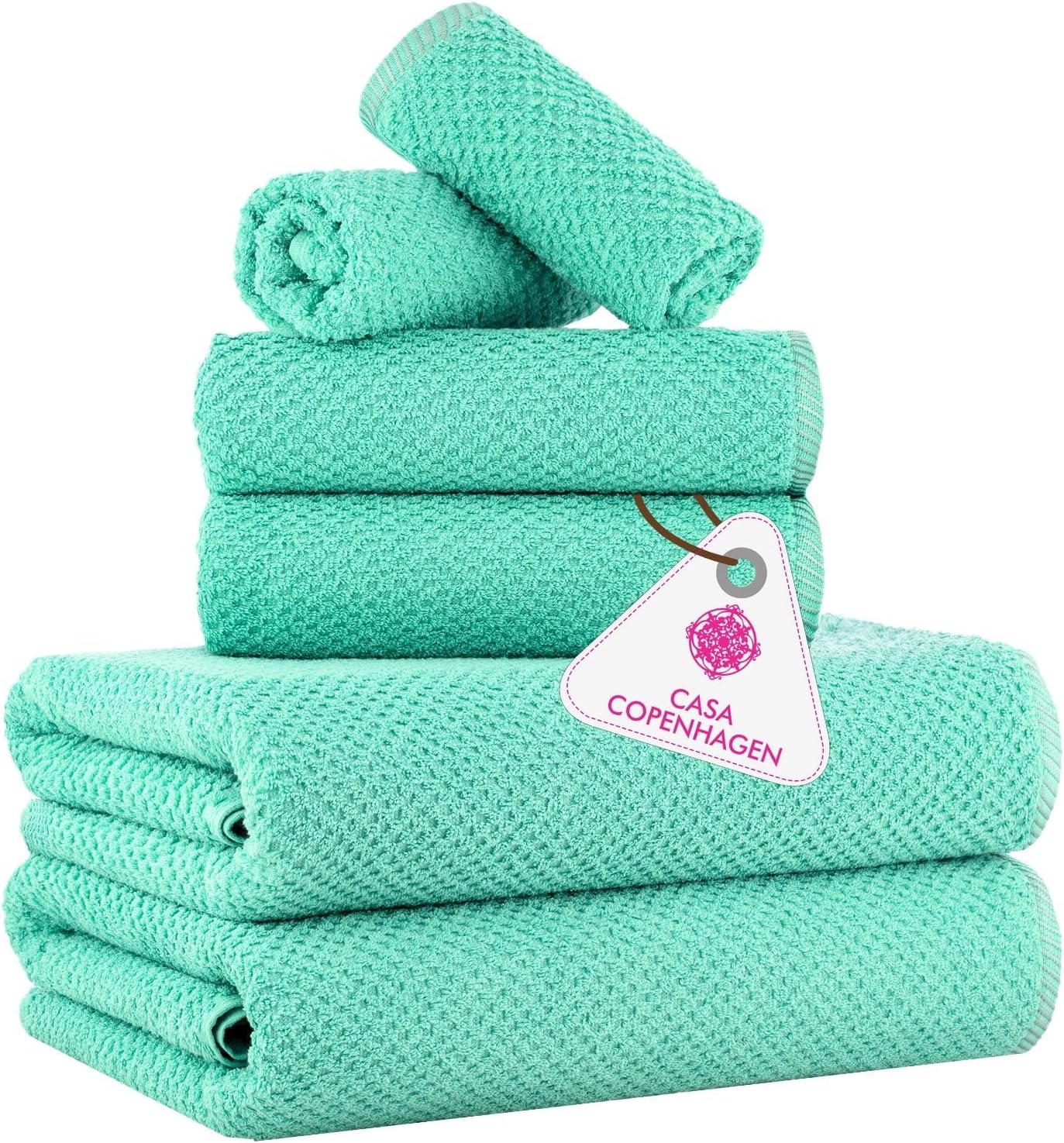 CASA COPENHAGEN Popcorn 6 Pieces Towel Set- Aqua Blue, 600 GSM 2 Bath Towel 2 Hand Towel 2 Washcloth, Designed in Denmark Made of Soft Egyptian Cotton for Bathroom, Kitchen & Shower