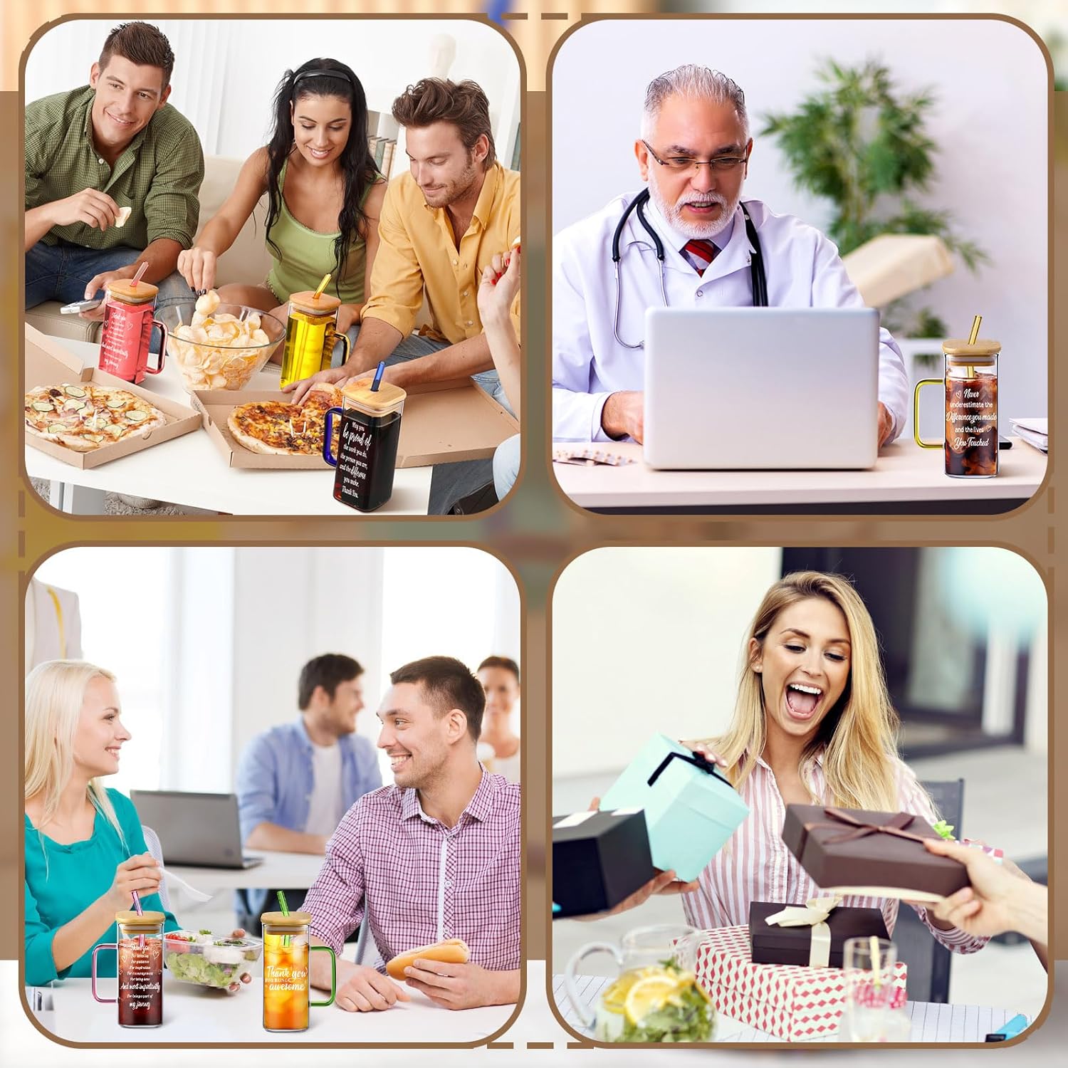 Uiifan 12 Pcs Employee Appreciation Gifts Easter Gift for Coworkers Thank You Glass Cups with Lids Straws 13.5 oz Iced Coffee Cups with Handle for Volunteer Employee Teacher Nurse (Thank you)