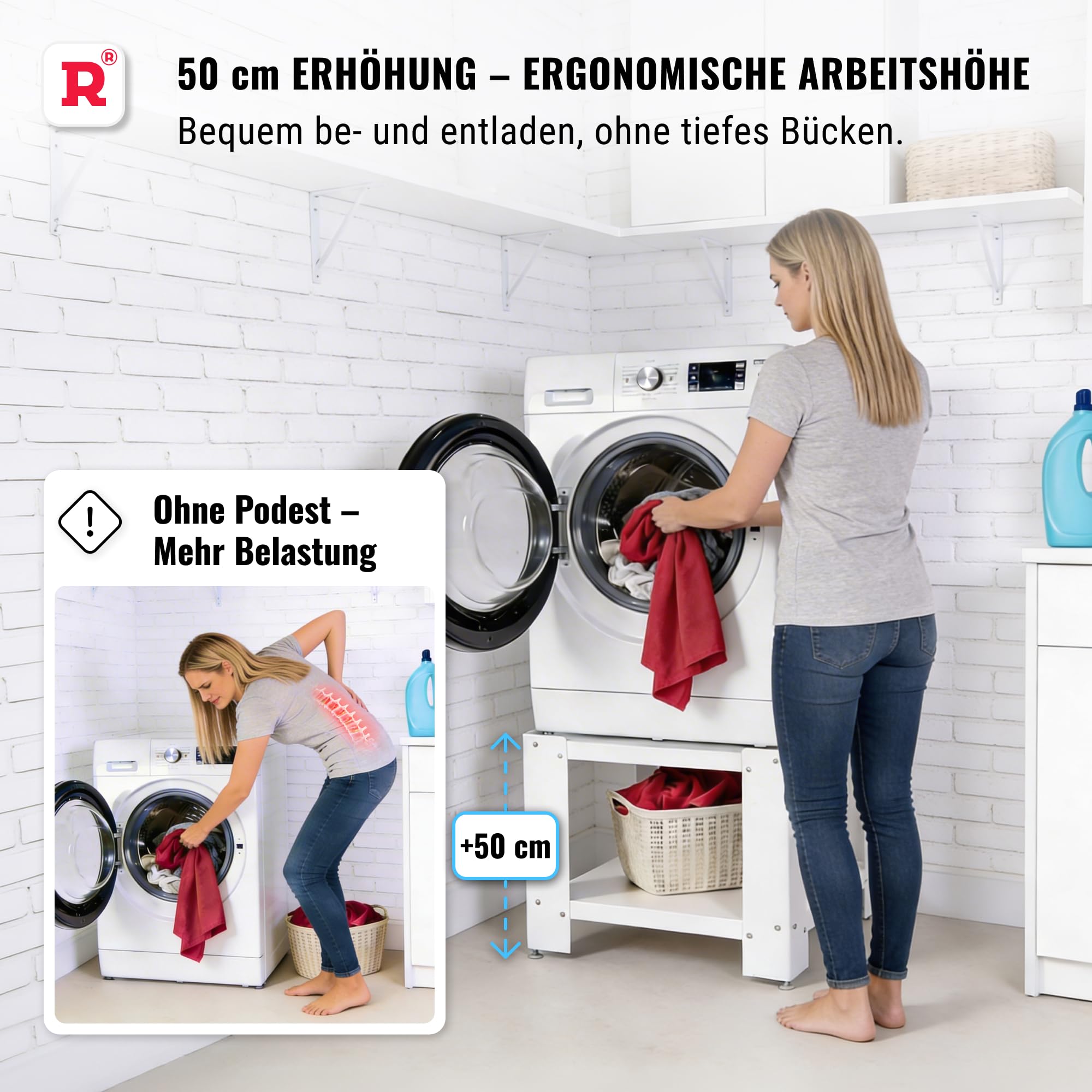 ROLLER Kappatos Waschmaschinen-Untergestell 50 cm mit Regal, Weiß | Stabiles Podest, bis 300 kg, verzinkter Stahl, höhenverstellbare Füße, inkl. Spanngurt