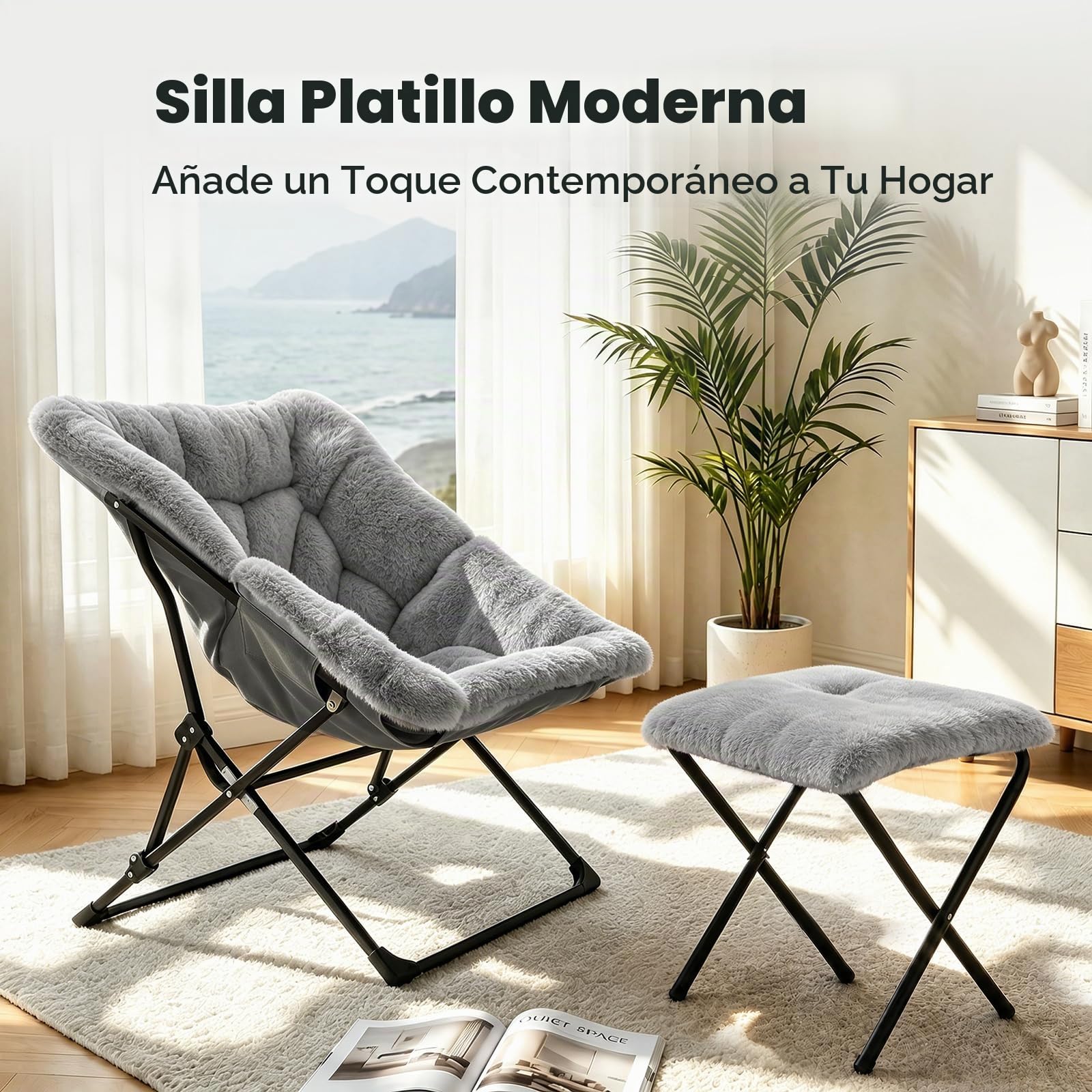 Sillón plegable con reposapiés de 150 kg, forro polar, color gris
