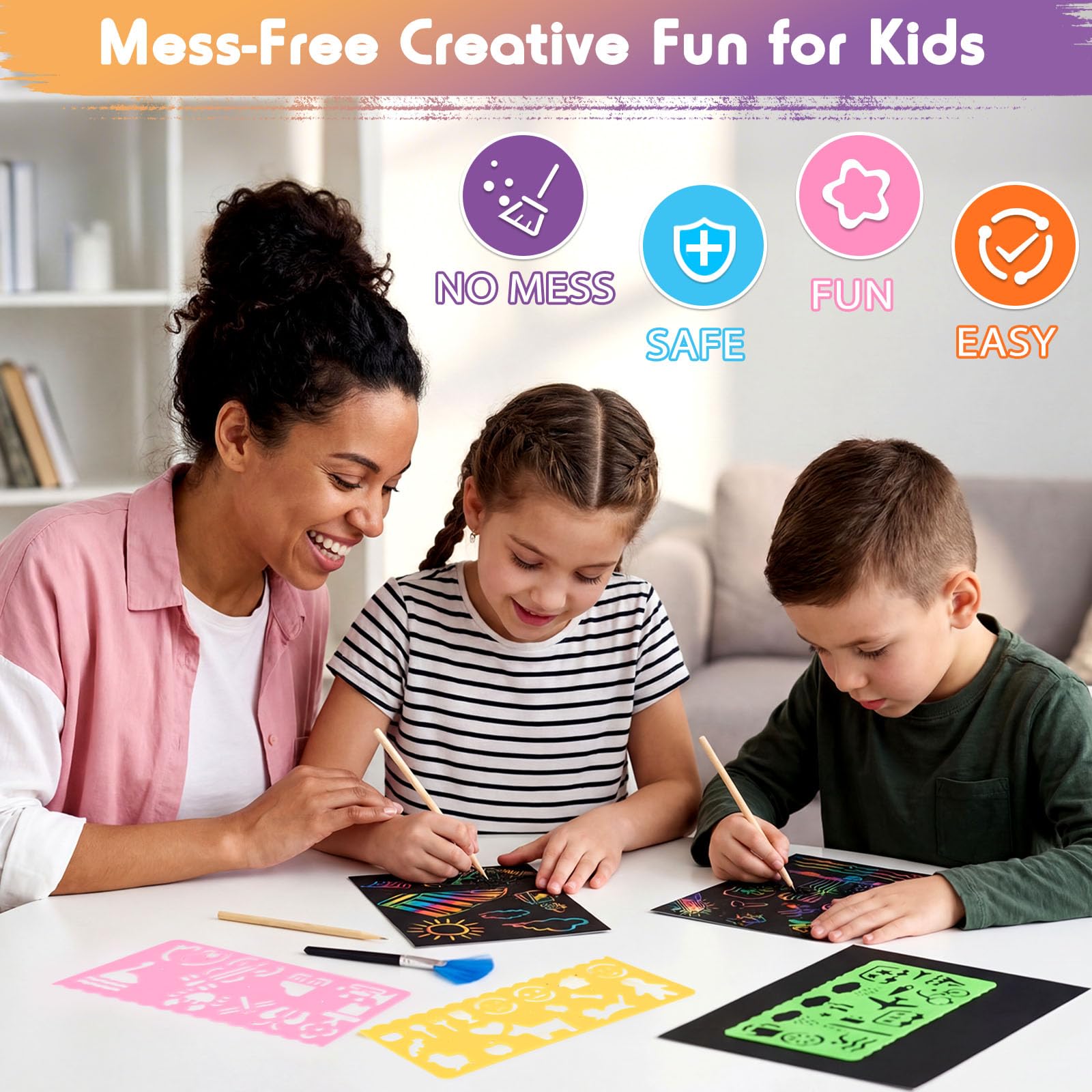 Virmoek Juego de 60 piezas de papel de arte para rascar, manualidades mágicas para rascar, kits de suministros para niñas y niños de 3, 4, 5, 6, 7, 8, 9, 10 años, juegos de fiesta, Navidad, cumpleaños