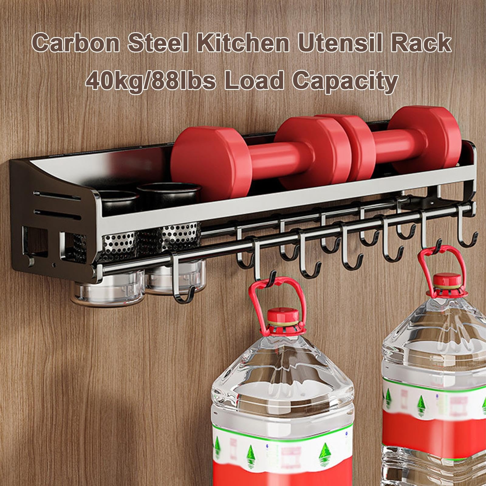 Estante Cocina Pared Acero Carbono, Soporte Utensilios con Ganchos
