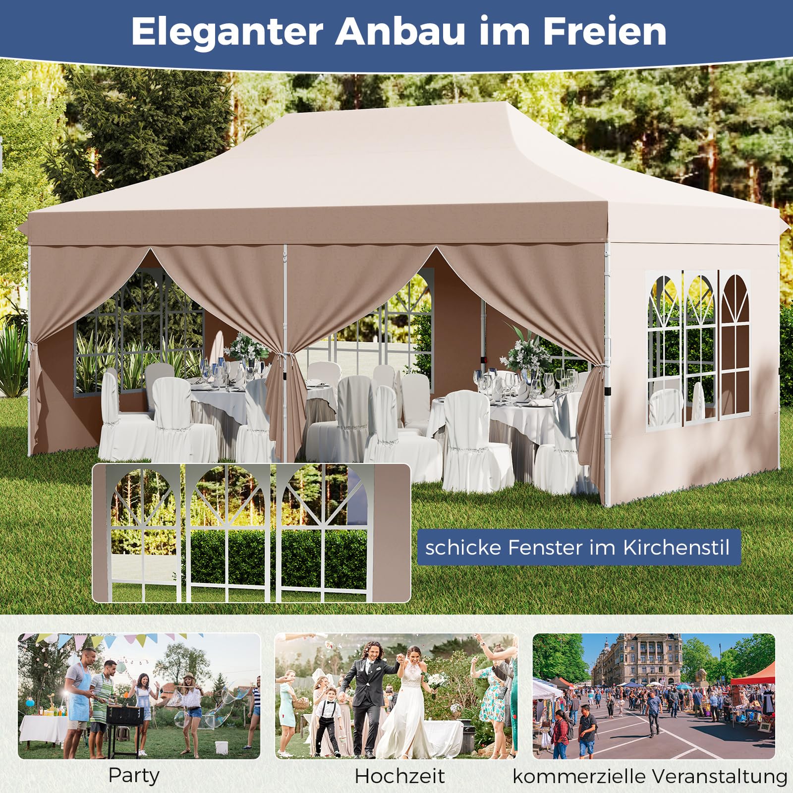 COSTWAY Pavillon 3x6m, Pop Up Faltpavillon mit 6 Seitenwänden & 6 Sandsäcke, Gartenpavillon Wasserdicht Stabil Winterfest, UV Schutz 50+, Partyzelt mit Tragetasche für Garten Party Hochzeiten (Beige)