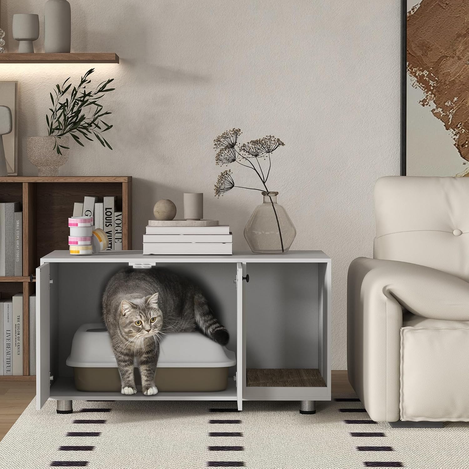 PawHut Cat Litter Box Enclosure, Industrial Hidden Cat Washroom Furniture, End Table with Double Doors and Scratching Pad for Living Room, Bedroom, Hallway, White
