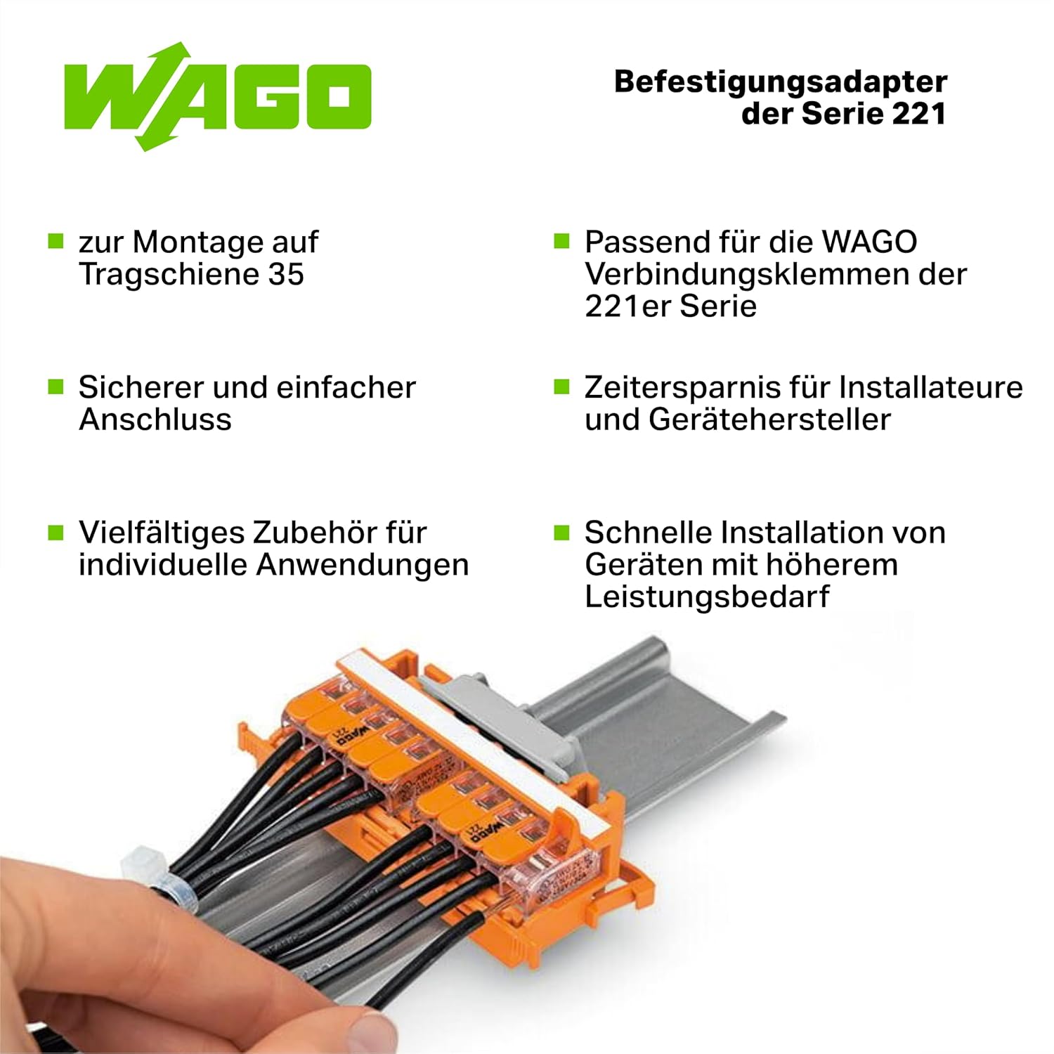 221-500 | WAGO Mounting Carrier | for 221 Series (24 – 12 AWG) | DIN-35 Rail/Panel Mount | Orange | [Box of 10 Pieces]
