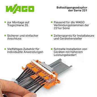 221-500 | WAGO Mounting Carrier | for 221 Series (24 12 AWG) | DIN-35 Rail/Panel Mount | Orange | [Box of 10 Pieces]