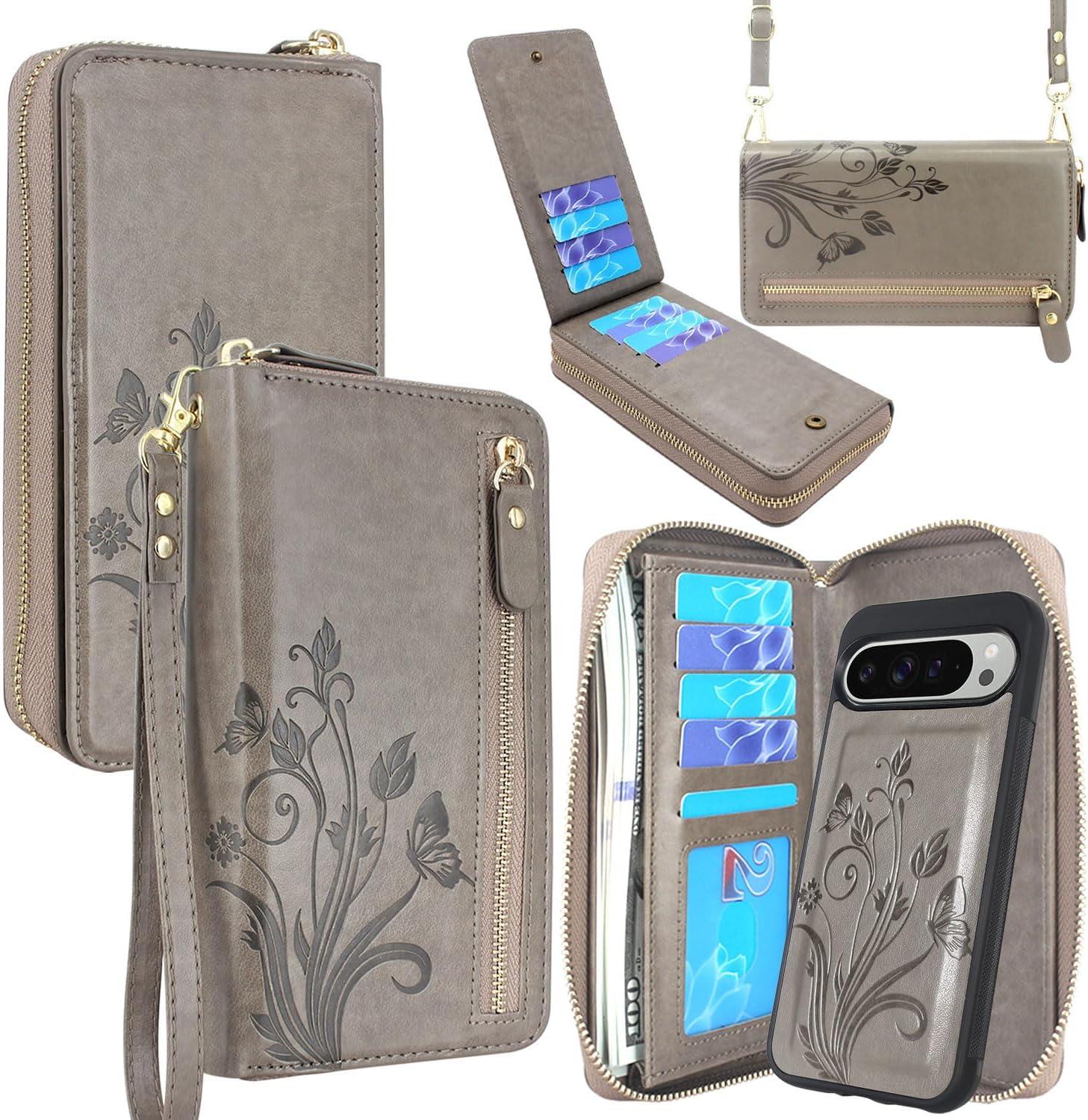 Lacass for Google Pixel 9 Pro XL 6.8 inch 2024 Wallet Case, Crossbody Dual Zipper Detachable Magnetic Leather Wallet Case Cover Wristlets Wrist Strap 13 Card Slots Money Pocket (Floral Gray)