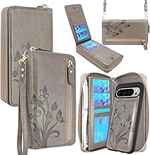 Lacass for Google Pixel 9 Pro XL 6.8 inch 2024 Wallet Case, Crossbody Dual Zipper Detachable Magnetic Leather Wallet Case Cover Wristlets Wrist Strap 13 Card Slots Money Pocket (Floral Gray)