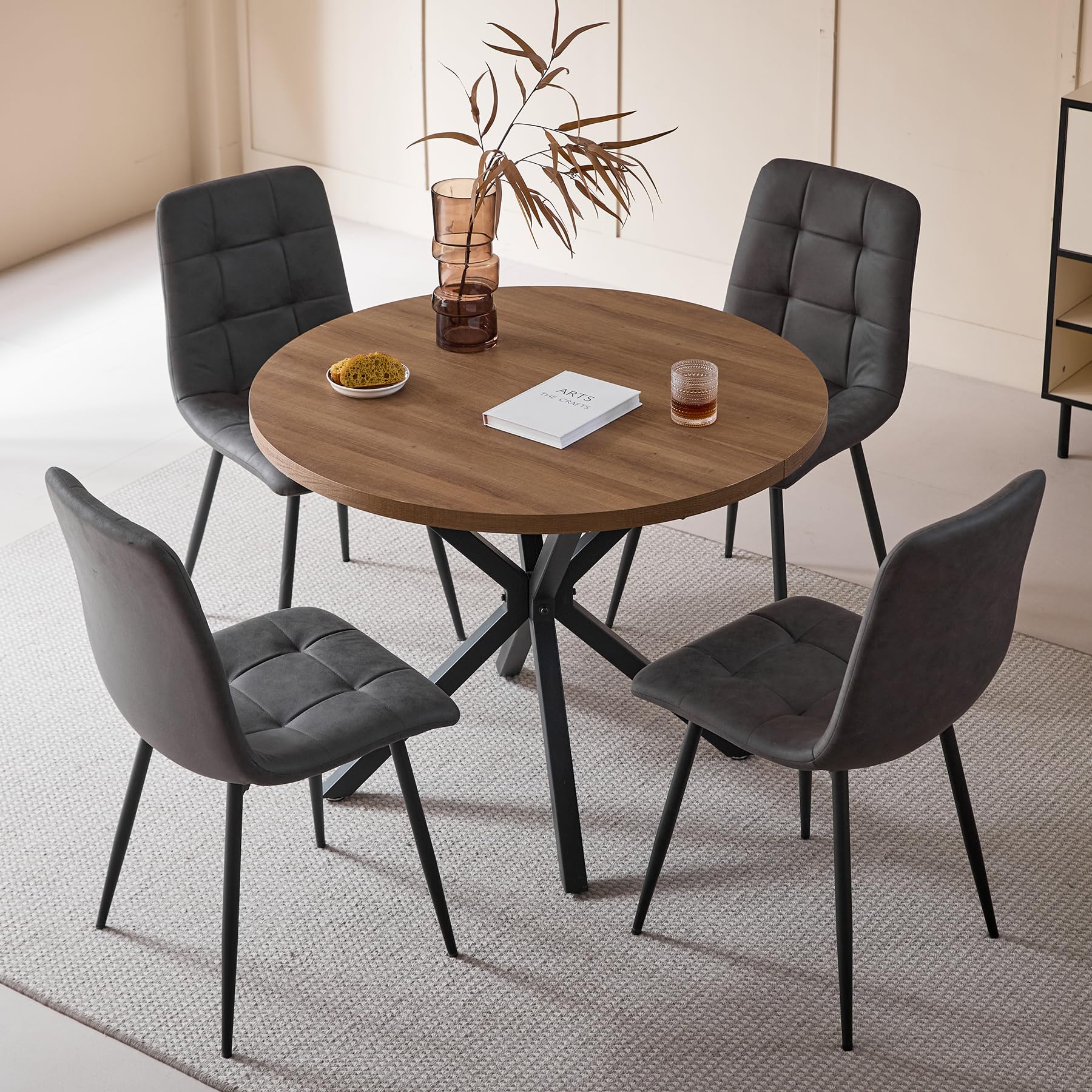 Juego de Comedor Mesa Redonda 100cm y 4 Sillas de Comedor Tapizadas, Conjunto Mesa y Sillas para Cocina y Salón (Madera Oscura+Gris Oscuro (PU))