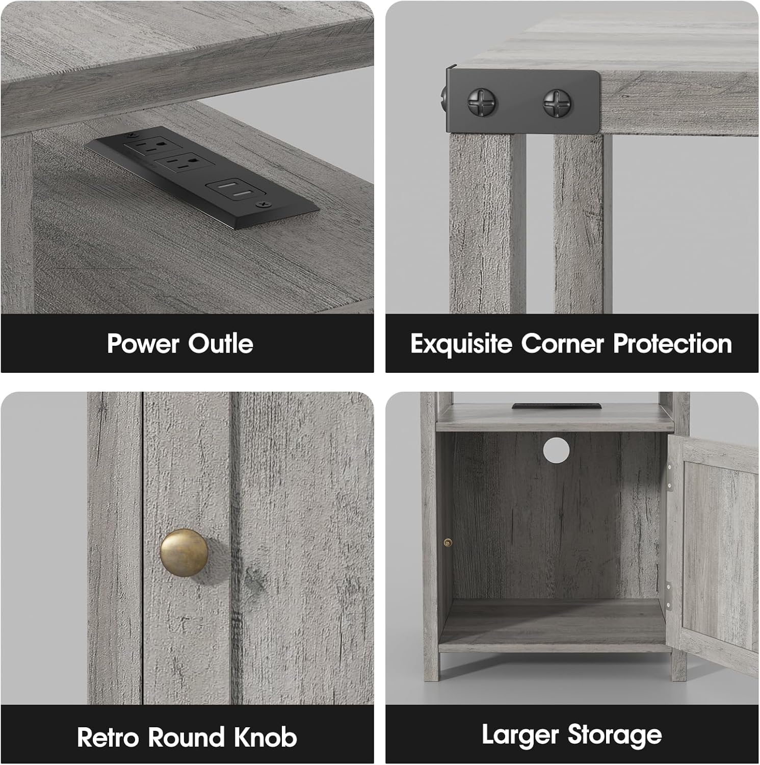 Gray Farmhouse Nightstands with Charging Station and Storage Cabinet, Set of 2