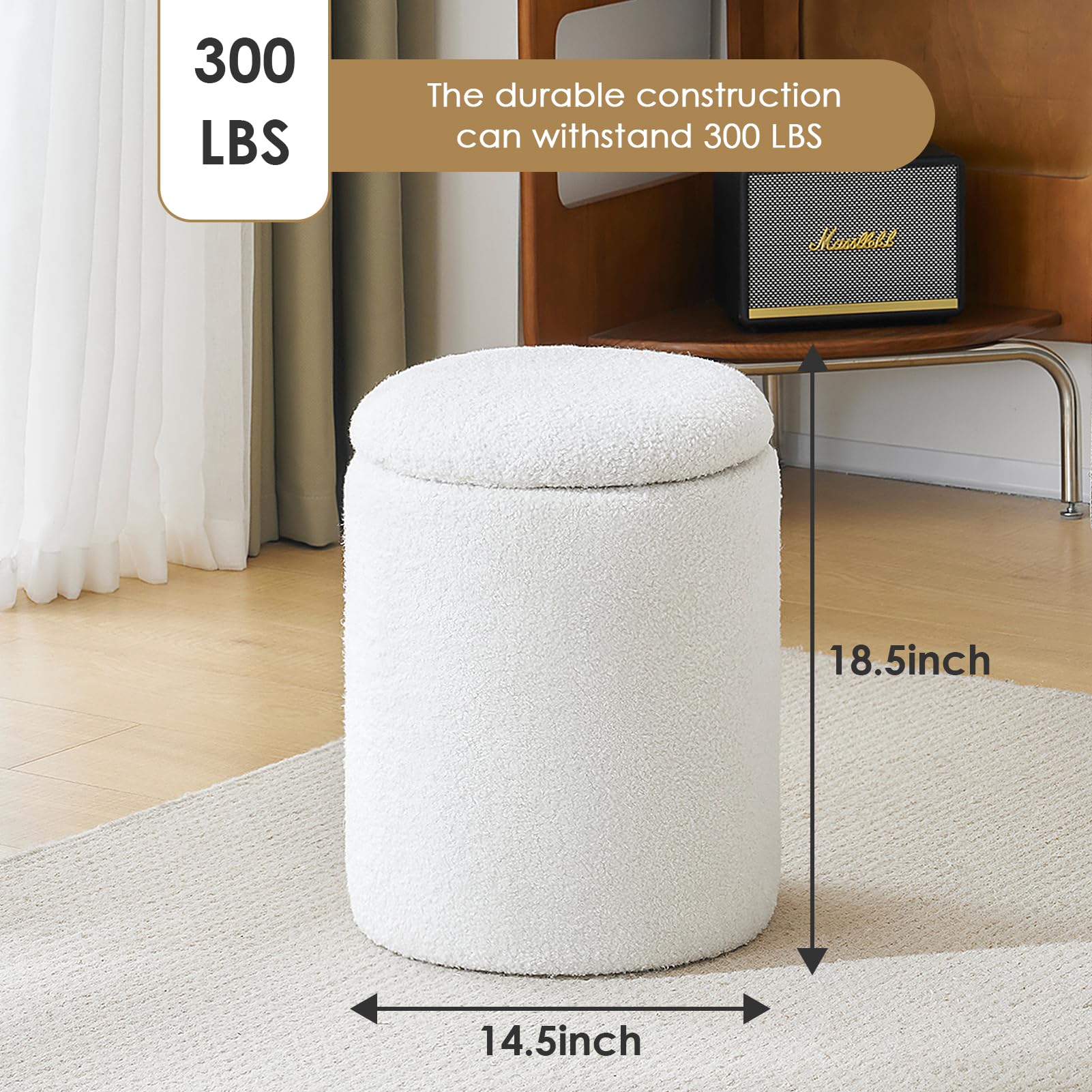 Pouf Pieghevole In Bouclé Con Contenitore E Coperchio - Multiuso Poggiapiedi/Sgabello/Tavolino - Base In Legno, Carico Max 136 Kg, Bianco