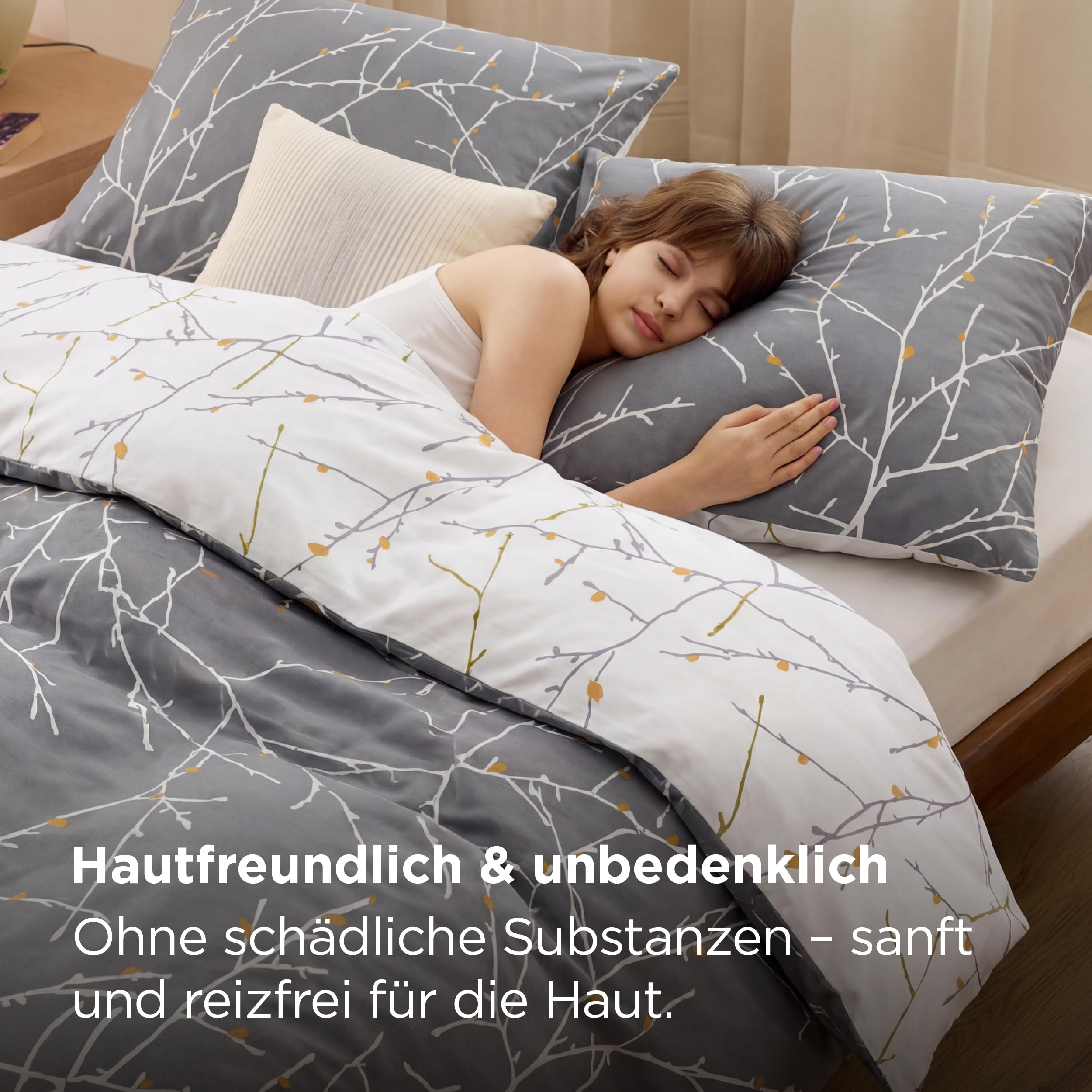 BEDSURE Bettwäsche 135x200 Baumwolle 4teilig - Bettwäsche-Sets Grau Bettbezug 2er Set mit 2 Kissenbezüge 80x80 cm, ÖKO-TEX Wendebettwäsche Bedding Zweige Muster mit Reißverschluss
